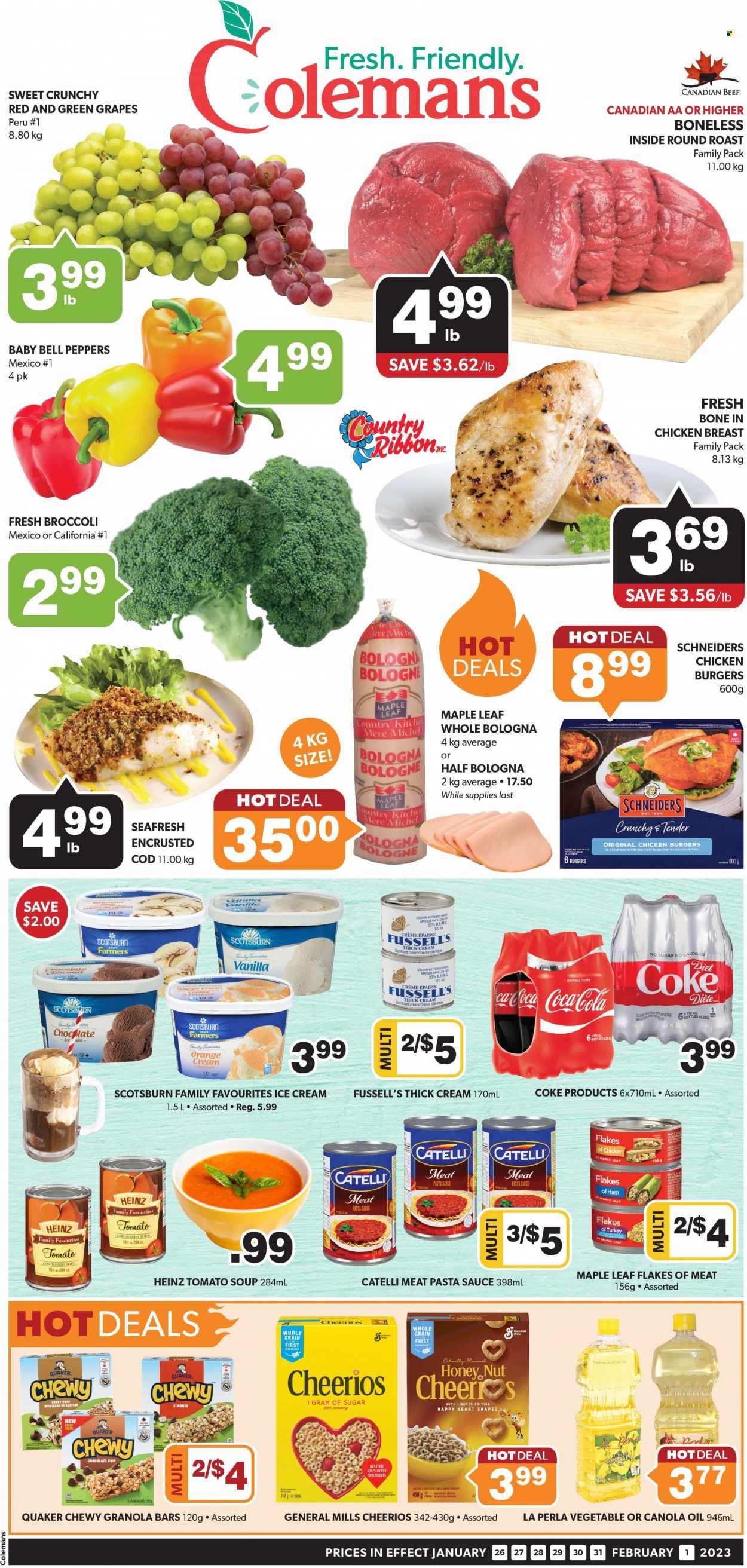 thumbnail - Colemans Flyer - January 26, 2023 - February 01, 2023 - Sales products - bell peppers, broccoli, peppers, grapes, oranges, cod, tomato soup, pasta sauce, soup, hamburger, sauce, Quaker, ham, bologna sausage, ice cream, sugar, Cheerios, granola bar, canola oil, oil, Coca-Cola, Diet Coke, chicken breasts, chicken, beef meat, round roast, Heinz. Page 1.