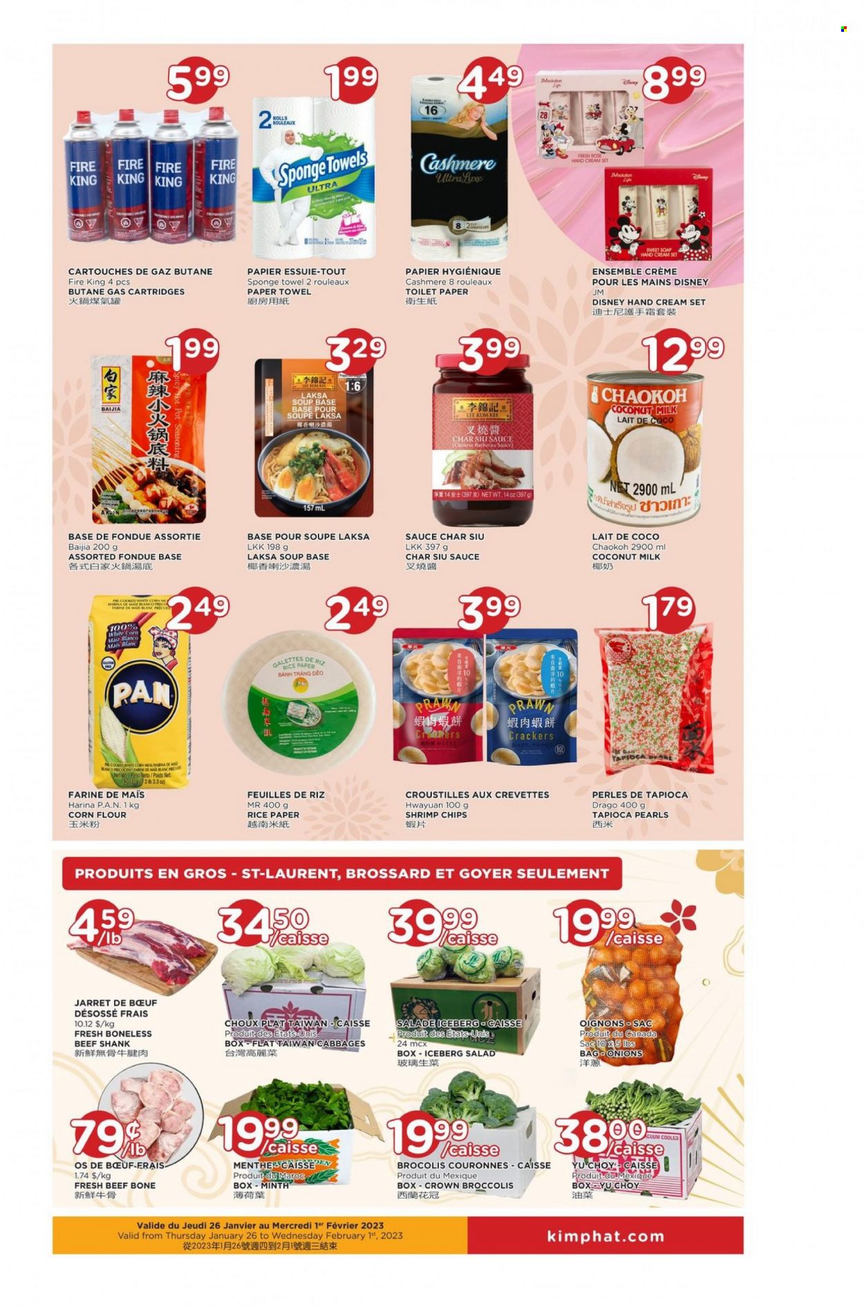 thumbnail - Kim Phat Flyer - January 26, 2023 - February 01, 2023 - Sales products - corn, salad, prawns, shrimps, soup, sauce, Disney, crackers, chips, flour, corn flour, coconut milk, beef meat, beef shank, pan. Page 2.