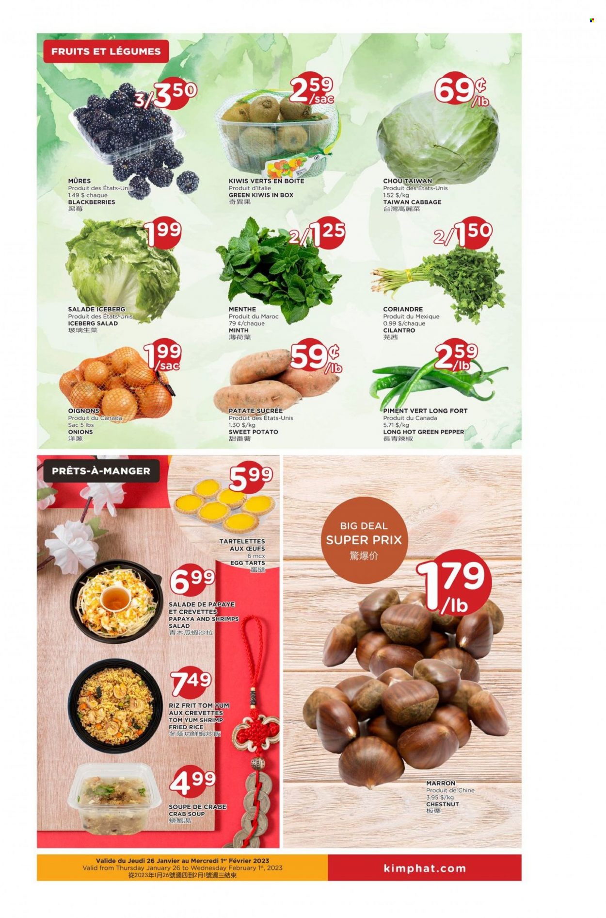 thumbnail - Kim Phat Flyer - January 26, 2023 - February 01, 2023 - Sales products - cabbage, sweet potato, salad, green pepper, blackberries, papaya, crab, shrimps, soup, eggs, cilantro, kiwi. Page 3.