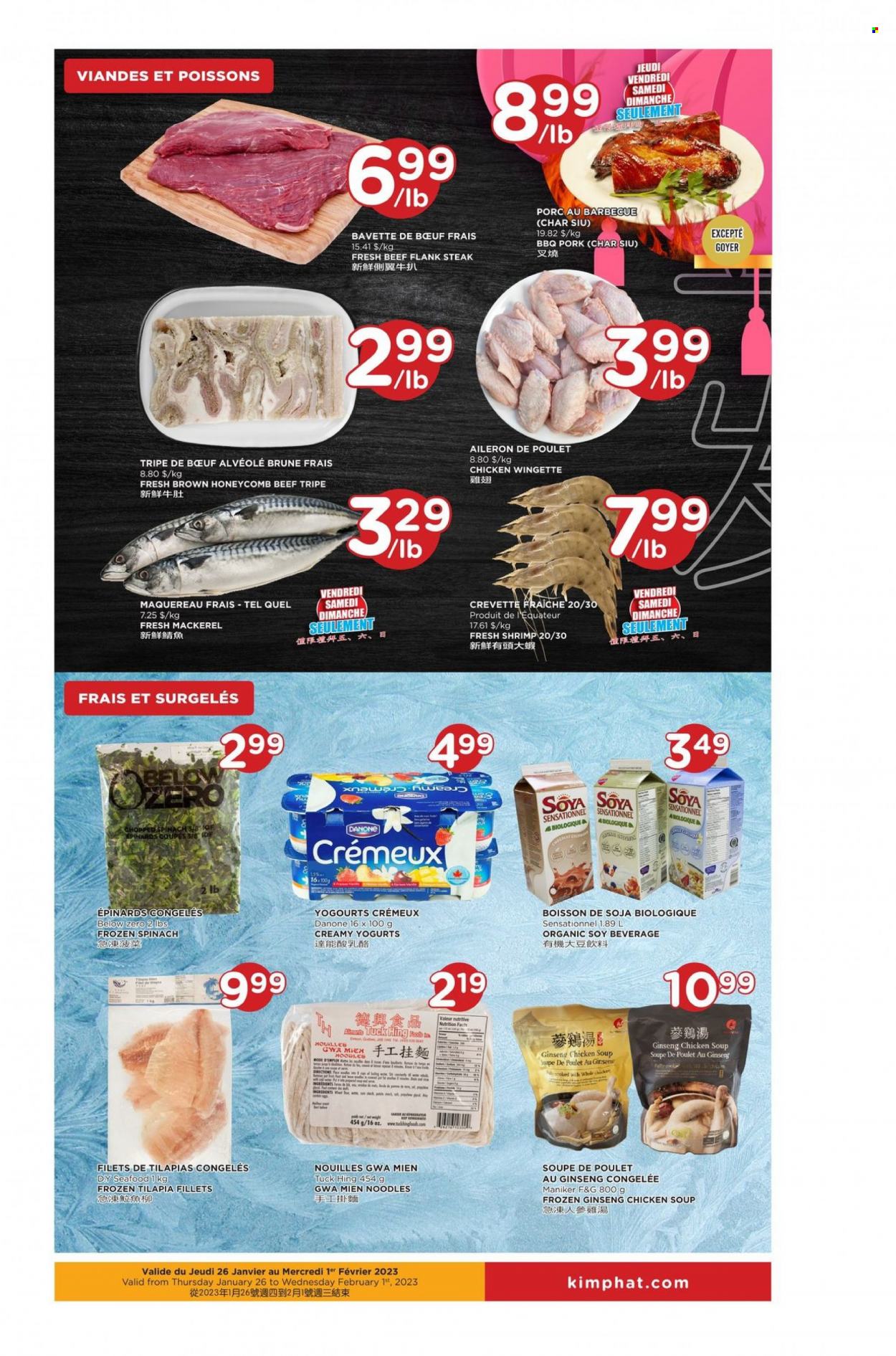thumbnail - Kim Phat Flyer - January 26, 2023 - February 01, 2023 - Sales products - spinach, mackerel, tilapia, seafood, shrimps, chicken soup, soup, noodles, beef meat, beef tripe, flank steak, steak, Danone. Page 4.