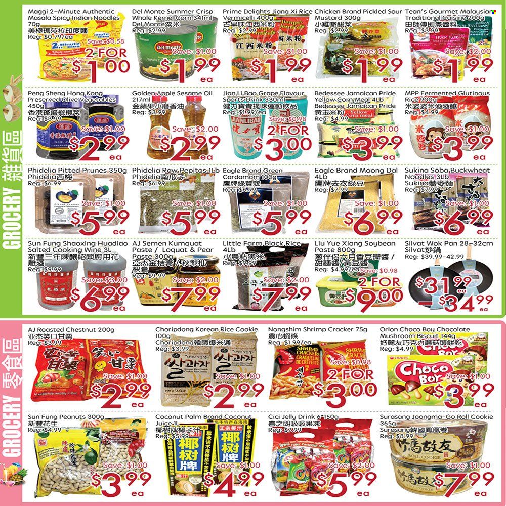 thumbnail - Sunny Foodmart Flyer - January 27, 2023 - February 02, 2023 - Sales products - mushrooms, corn, shrimps, noodles, chocolate, jelly, crackers, biscuit, Maggi, Del Monte, buckwheat, rice, moong dal, mustard, sesame oil, prunes, chestnuts, peanuts, dried fruit, juice, cooking wine, shaoxing wine, wine. Page 2.