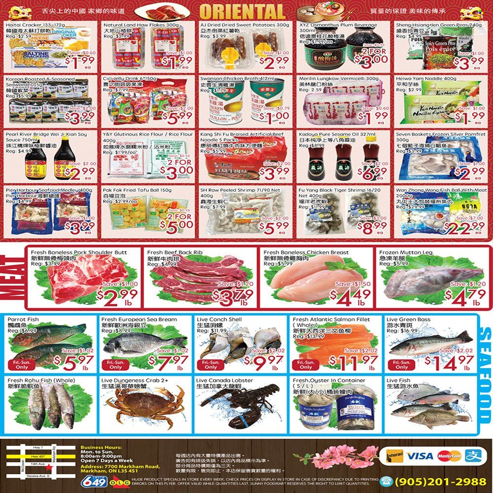 thumbnail - Sunny Foodmart Flyer - January 27, 2023 - February 02, 2023 - Sales products - sweet potato, potatoes, peas, lobster, salmon, salmon fillet, oysters, seafood, crab, seabream, sauce, noodles, tofu, jelly, saltines, flour, rice flour, chicken broth, seaweed, broth, soy sauce, oil, chicken breasts, chicken, pork meat, pork shoulder, mutton meat, basket. Page 4.