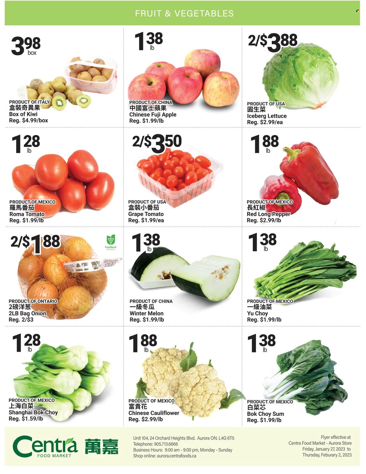 thumbnail - Centra Food Market Flyer - January 27, 2023 - February 02, 2023 - Sales products - bok choy, cauliflower, tomatoes, onion, lettuce, Fuji apple, melons, pepper, kiwi. Page 2.