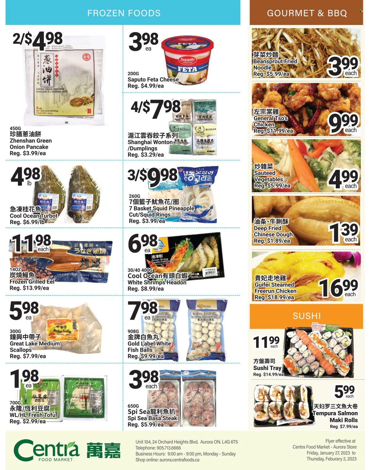 thumbnail - Centra Food Market Flyer - January 27, 2023 - February 02, 2023 - Sales products - onion, green onion, pineapple, eel, salmon, scallops, squid, whitefish, turbot, shrimps, squid rings, pancakes, dumplings, noodles, cheese, feta, tofu, basket, tray, pan, steak. Page 3.