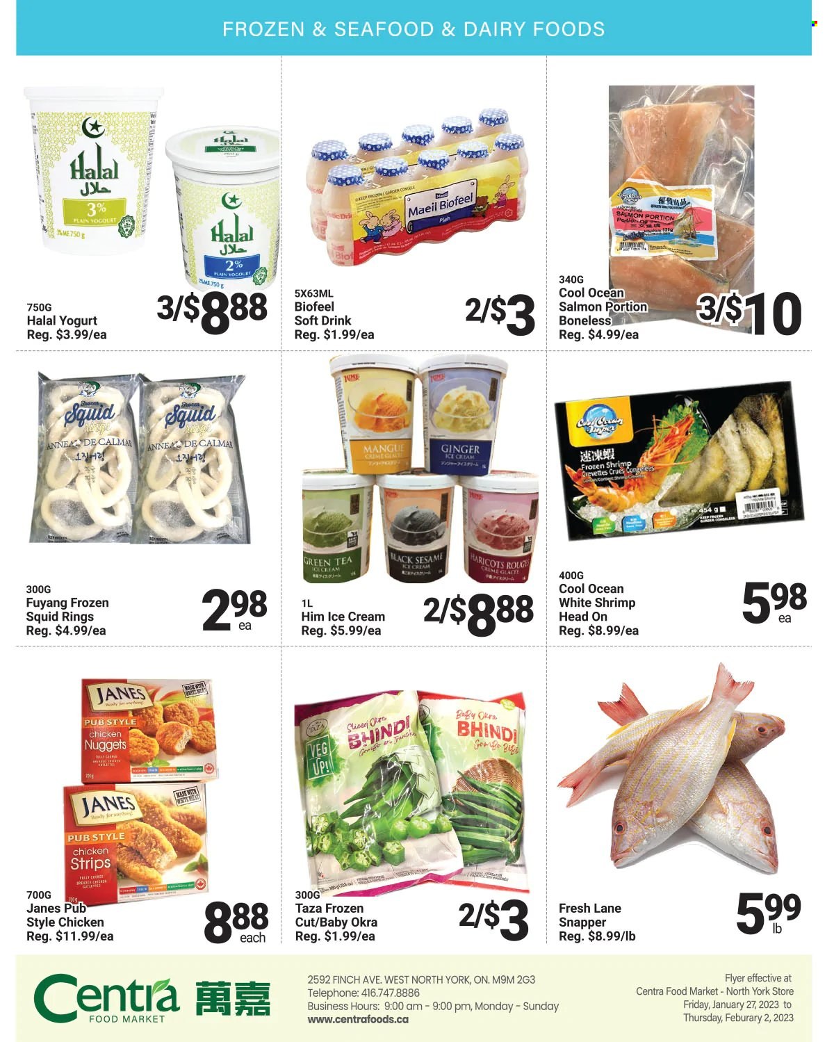 thumbnail - Centra Food Market Flyer - January 27, 2023 - February 02, 2023 - Sales products - ginger, okra, salmon, squid, seafood, shrimps, squid rings, nuggets, chicken nuggets, yoghurt, ice cream, strips, chicken strips, soft drink, green tea, tea. Page 3.