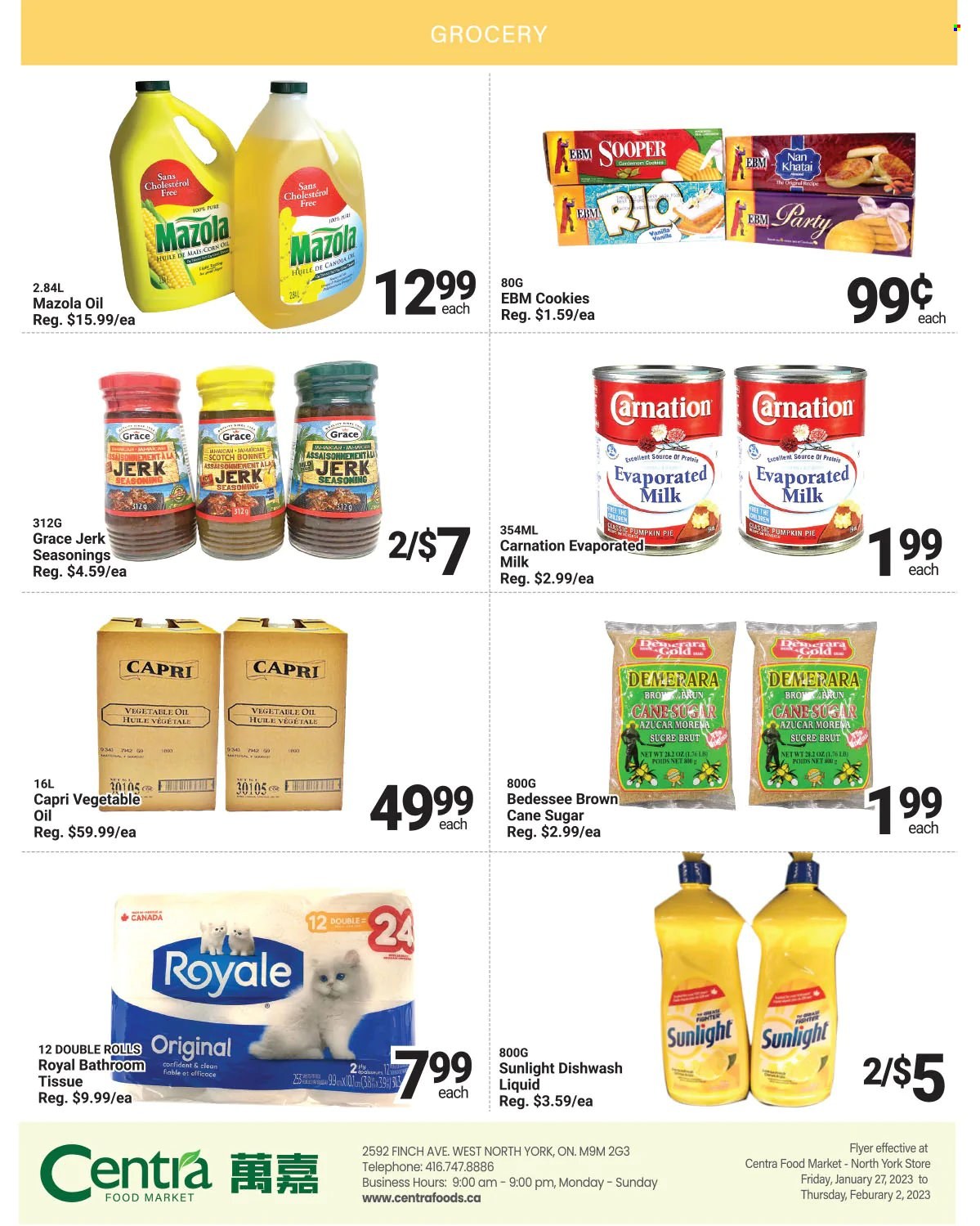 thumbnail - Centra Food Market Flyer - January 27, 2023 - February 02, 2023 - Sales products - evaporated milk, cookies, cane sugar, demerara sugar, sugar, spice, vegetable oil, oil, bath tissue, Sunlight, Brut. Page 4.