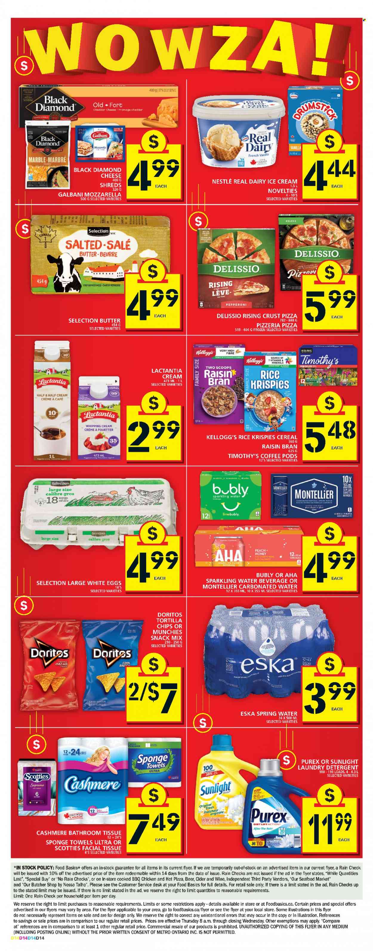 thumbnail - Food Basics Flyer - January 26, 2023 - February 01, 2023 - Sales products - seafood, pizza, pepperoni, Galbani, eggs, whipping cream, ice cream, snack, Kellogg's, Doritos, tortilla chips, cereals, Rice Krispies, Raisin Bran, honey, spring water, sparkling water, coffee, coffee pods, Keurig, wine, cider, beer, Half and half, bath tissue, laundry detergent, Sunlight, Purex, sponge, towel, detergent, Nestlé. Page 2.