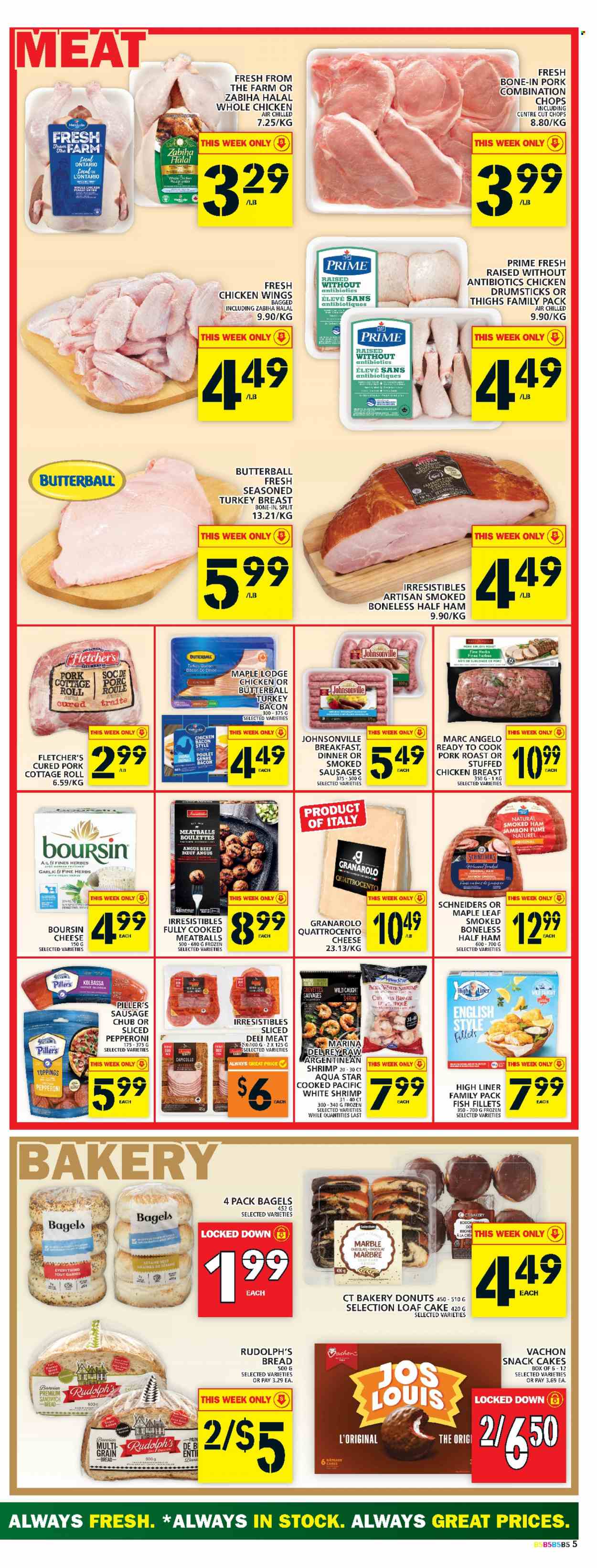 thumbnail - Food Basics Flyer - January 26, 2023 - February 01, 2023 - Sales products - bread, cake, donut, loaf cake, garlic, fish fillets, fish, shrimps, meatballs, stuffed chicken, bacon, Butterball, turkey bacon, half ham, ham, smoked ham, Johnsonville, sausage, pepperoni, cheese, chicken wings, snack, sesame seed, turkey breast, whole chicken, chicken drumsticks, chicken, beef meat, pork meat, pork roast. Page 6.