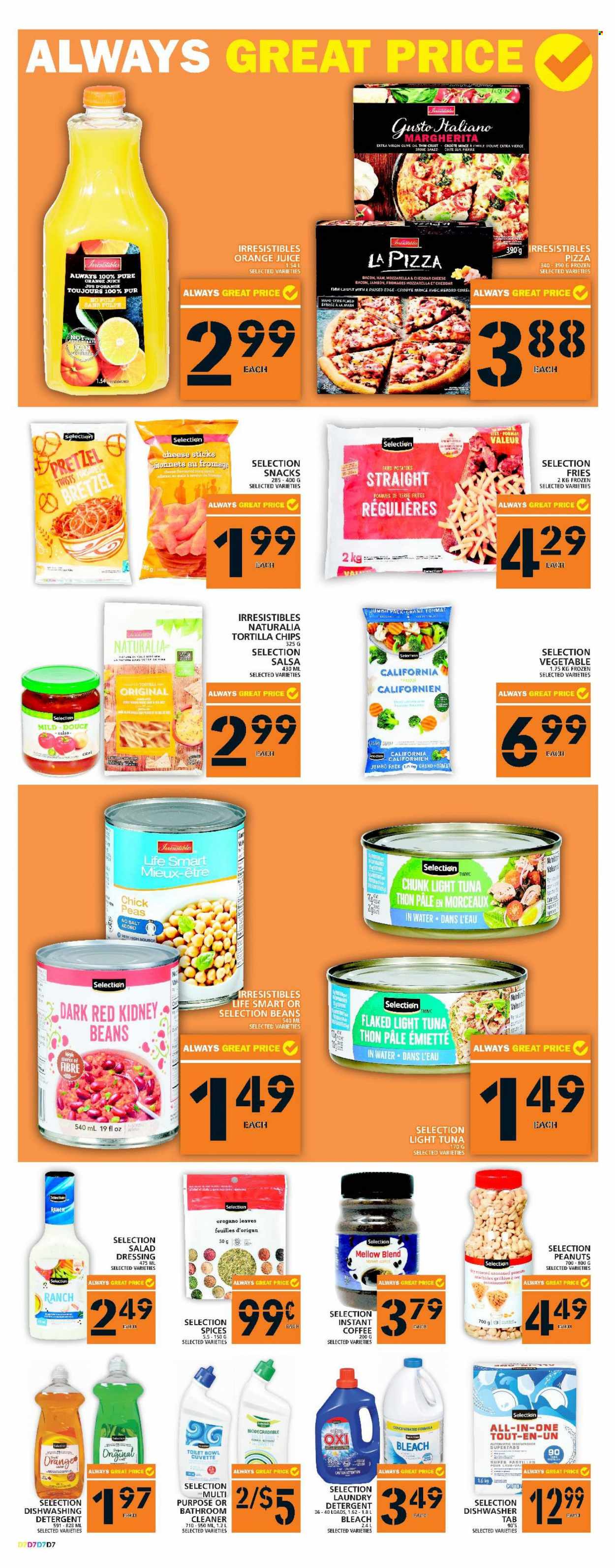 thumbnail - Food Basics Flyer - January 26, 2023 - February 01, 2023 - Sales products - pretzels, potatoes, peas, tuna, pizza, bacon, ham, cheese sticks, potato fries, snack, tortilla chips, kidney beans, light tuna, salad dressing, dressing, salsa, extra virgin olive oil, oil, peanuts, orange juice, juice, coffee, instant coffee, cleaner, bleach, laundry detergent, detergent. Page 9.