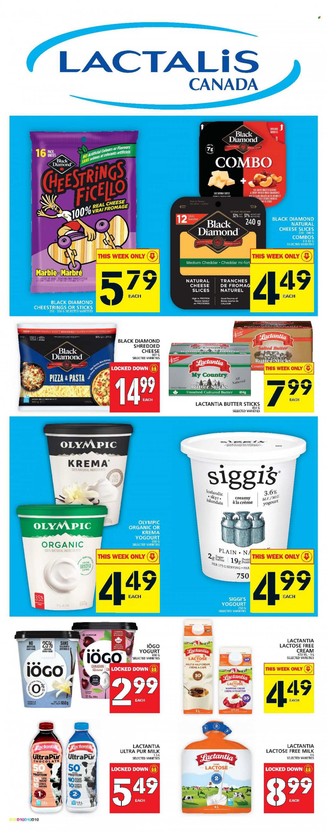 thumbnail - Food Basics Flyer - January 26, 2023 - February 01, 2023 - Sales products - cherries, pizza, pasta, shredded cheese, sliced cheese, string cheese, cheddar, brie, yoghurt, milk, lactose free milk, butter, salted butter, whipping cream, chocolate, sugar, cranberries, cashews, Half and half, calcium. Page 12.