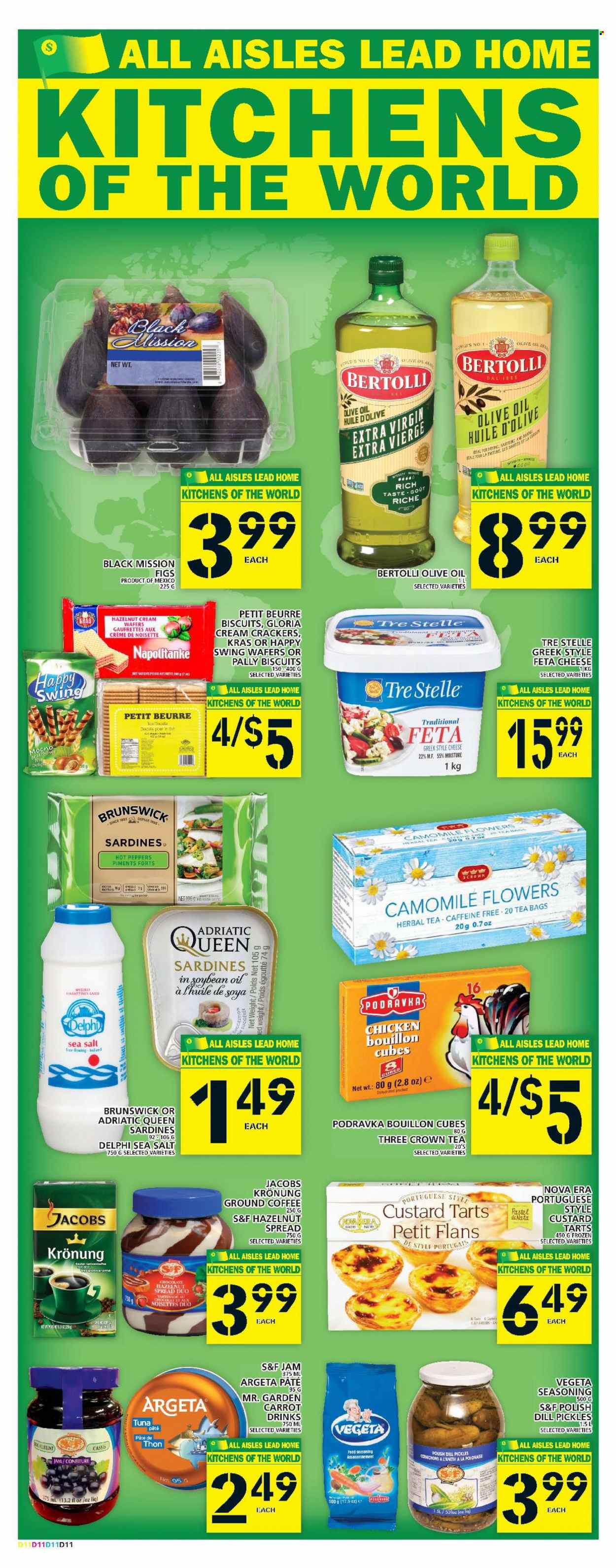 thumbnail - Food Basics Flyer - January 26, 2023 - February 01, 2023 - Sales products - peppers, figs, sardines, tuna, Bertolli, cheese, feta, custard, wafers, crackers, biscuit, bouillon, pickles, dill, spice, extra virgin olive oil, soya oil, olive oil, fruit jam, hazelnut spread, dried figs, herbal tea, tea bags, coffee, Jacobs, ground coffee, Jacobs Krönung, Sol, polish. Page 13.
