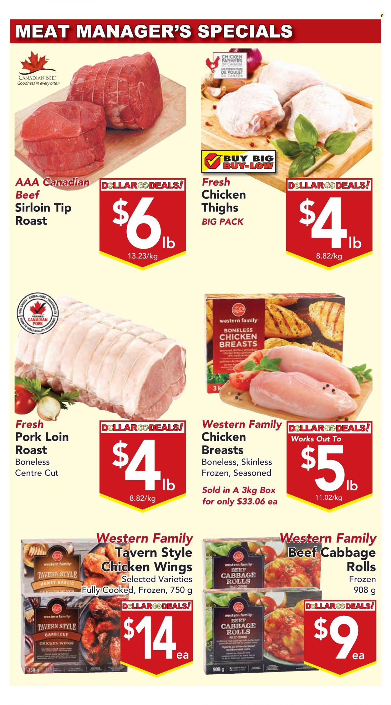 thumbnail - Buy-Low Foods Flyer - January 26, 2023 - February 01, 2023 - Sales products - cabbage, garlic, chicken wings, honey, chicken breasts, chicken thighs, chicken, beef meat, beef sirloin, pork loin, pork meat. Page 2.