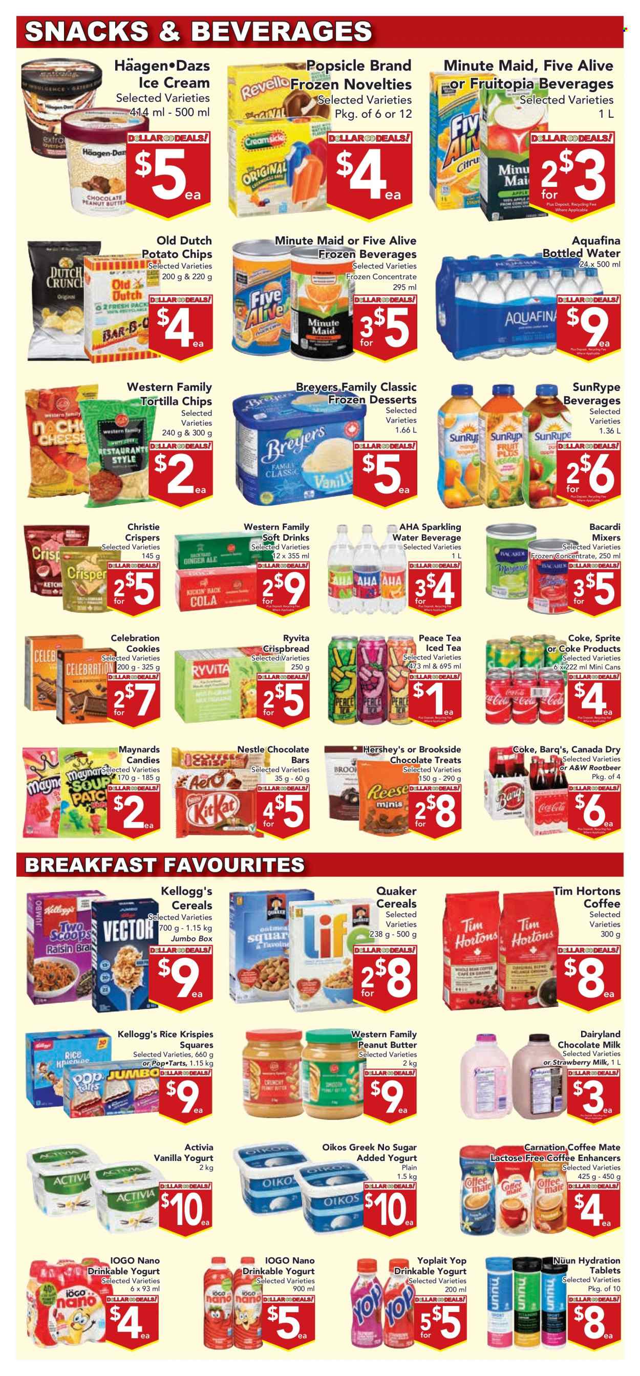 thumbnail - Buy-Low Foods Flyer - January 26, 2023 - February 01, 2023 - Sales products - crispbread, soup, Quaker, cheese, yoghurt, Activia, Oikos, Yoplait, Coffee-Mate, milk, ice cream, Hershey's, Häagen-Dazs, cookies, milk chocolate, snack, Celebration, Kellogg's, Pop-Tarts, chocolate bar, tortilla chips, potato chips, cereals, Rice Krispies, peanut butter, Canada Dry, Coca-Cola, ginger ale, Sprite, ice tea, soft drink, A&W, fruit punch, Aquafina, sparkling water, bottled water, Bacardi, Nestlé. Page 6.