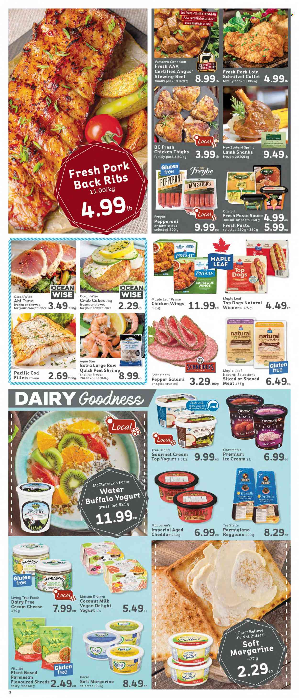 thumbnail - IGA Simple Goodness Flyer - January 27, 2023 - February 02, 2023 - Sales products - cherries, cod, tuna, shrimps, crab cake, pasta sauce, schnitzel, salami, pepperoni, cream cheese, cheddar, parmesan, cheese, Parmigiano Reggiano, yoghurt, margarine, I Can't Believe It's Not Butter, chicken wings, coconut milk, dill, pepper, spice, olive oil, oil, chicken breasts, chicken thighs, chicken, beef meat, stewing beef, ribs, pork loin, pork meat, pork ribs, pork back ribs, pesto. Page 2.