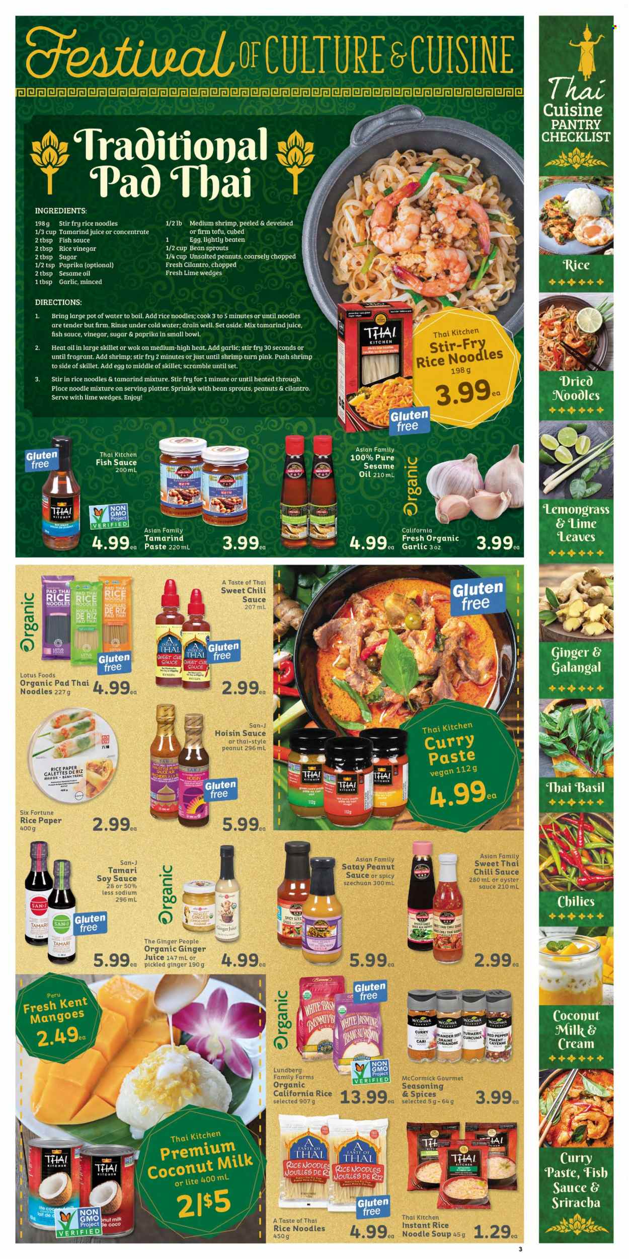 thumbnail - IGA Simple Goodness Flyer - January 27, 2023 - February 02, 2023 - Sales products - oysters, fish, soup, noodles cup, noodles, red curry, tofu, eggs, sugar, tamarind, coconut milk, rice vermicelli, cilantro, turmeric, spice, curry powder, curry paste, fish sauce, soy sauce, sriracha, hoisin sauce, oyster sauce, chilli sauce, marinade, rice vinegar, sesame oil, vinegar, peanuts, juice, bean sprouts. Page 3.