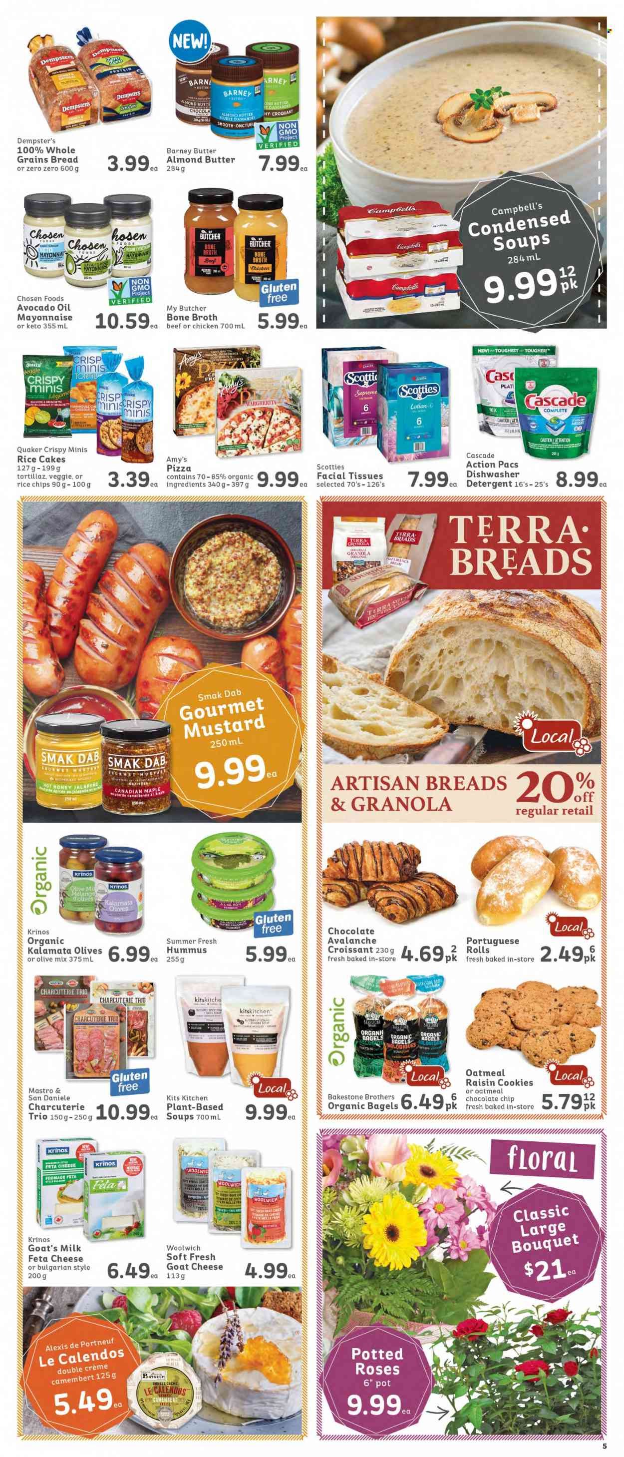 thumbnail - IGA Simple Goodness Flyer - January 27, 2023 - February 02, 2023 - Sales products - bagels, croissant, butternut squash, jalapeño, Campbell's, pizza, soup, Quaker, hummus, feta, milk, almond butter, mayonnaise, cookies, chips, oatmeal, broth, mustard, avocado oil, honey, BROTHERS, camembert, granola, olives. Page 5.