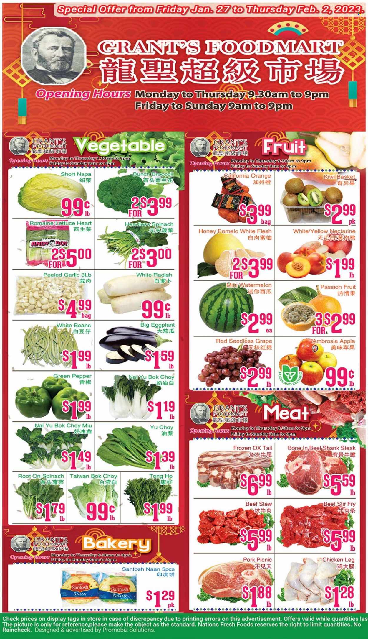 thumbnail - Grant's Foodmart Flyer - January 27, 2023 - February 02, 2023 - Sales products - beans, bok choy, broccoli, garlic, radishes, spinach, lettuce, eggplant, white radish, green pepper, nectarines, watermelon, oranges, pomelo, honey, Grant's, chicken legs, beef meat, beef shank, bag, kiwi, steak. Page 1.