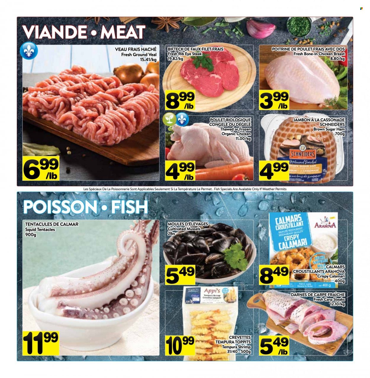 thumbnail - PA Supermarché Flyer - January 30, 2023 - February 05, 2023 - Sales products - calamari, mussels, squid, fish, shrimps, carp, ham, chicken breasts, chicken, beef meat, ground veal, veal meat, ribeye steak, steak. Page 2.