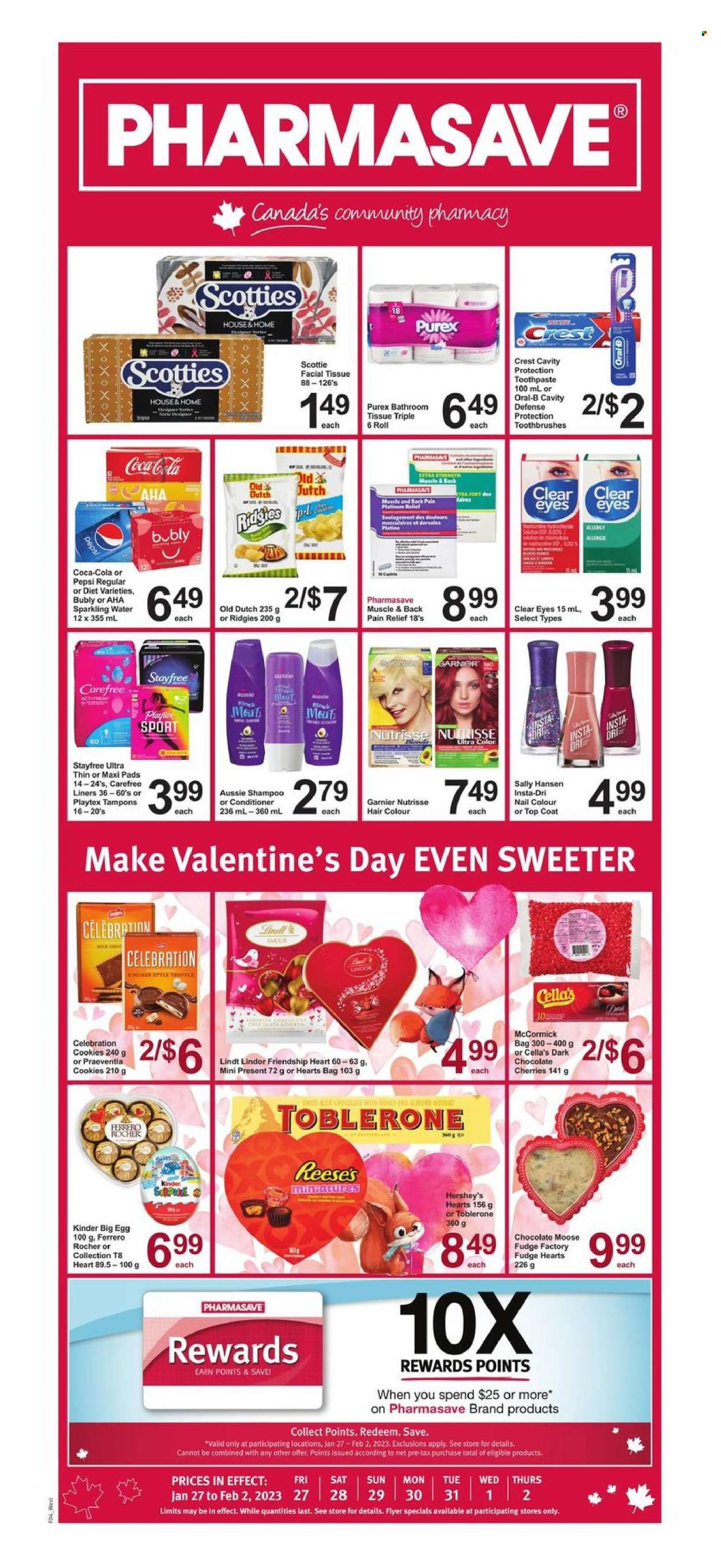 thumbnail - Pharmasave Flyer - January 27, 2023 - February 02, 2023 - Sales products - cherries, eggs, Reese's, Hershey's, cookies, fudge, milk chocolate, chocolate, truffles, Celebration, dark chocolate, Toblerone, Coca-Cola, Pepsi, sparkling water, bath tissue, Purex, toothpaste, Crest, Stayfree, Playtex, sanitary pads, Carefree, tampons, Aussie, conditioner, hair color, bag, top coat, crate, coat, pain relief, Garnier, Sally Hansen, shampoo, Oral-B, Lindt, Lindor, Ferrero Rocher, nougat. Page 1.