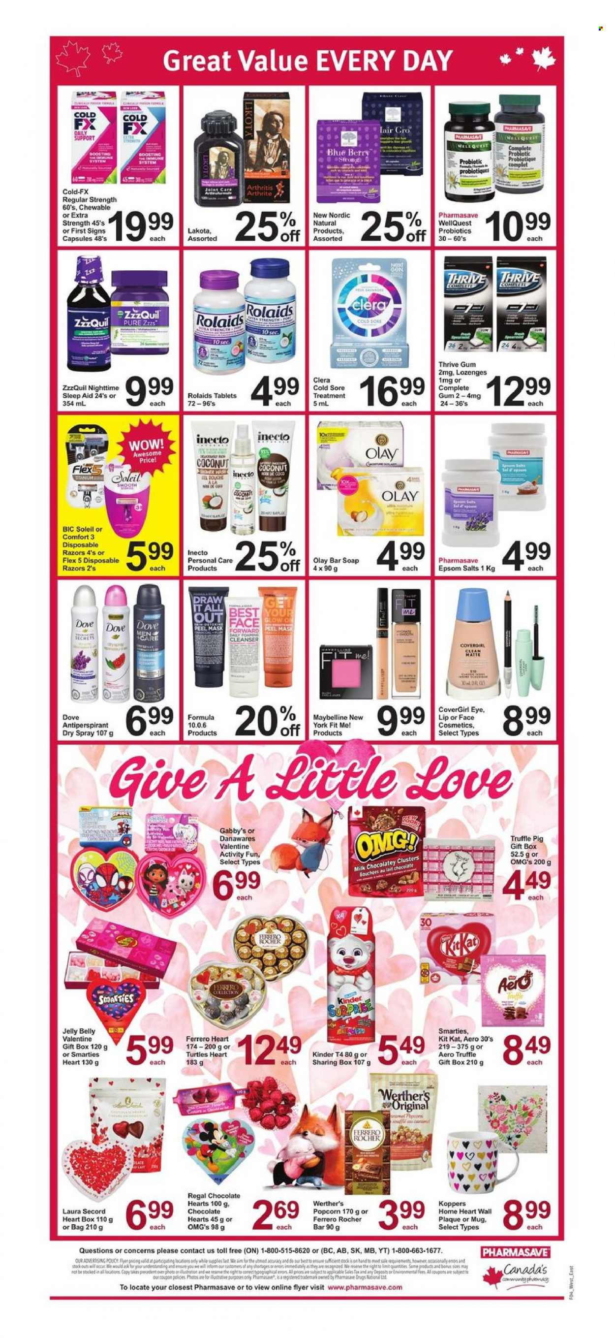 thumbnail - Pharmasave Flyer - January 27, 2023 - February 02, 2023 - Sales products - coconut, milk, Dove, chocolate, Kinder Surprise, truffles, jelly, popcorn, soap bar, soap, cleanser, Olay, anti-perspirant, BIC, disposable razor, gift box, Maybelline, mug, ZzzQuil, probiotics, Ferrero Rocher, Smarties. Page 2.