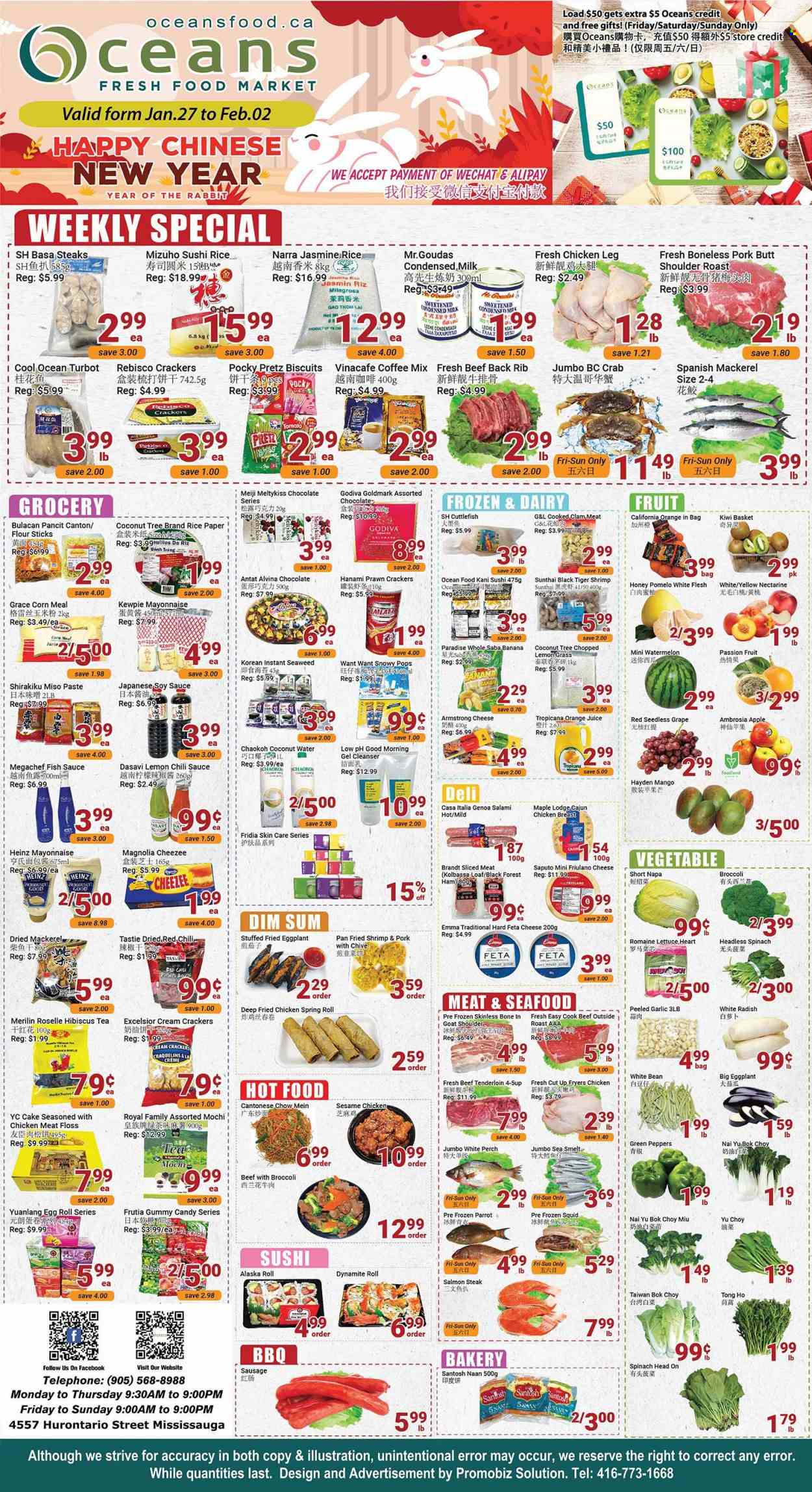 thumbnail - Oceans Flyer - January 27, 2023 - February 02, 2023 - Sales products - cake, bok choy, broccoli, corn, garlic, radishes, peppers, eggplant, white radish, nectarines, watermelon, pomelo, clams, cuttlefish, mackerel, salmon, squid, perch, turbot, seafood, prawns, crab, fish, shrimps, sauce, egg rolls, fried chicken, salami, ham, sausage, cheese, feta, milk, condensed milk, eggs, mayonnaise, rabbit, chocolate, Godiva, crackers, biscuit, flour, seaweed, jasmine rice, fish sauce, miso, soy sauce, chilli sauce, honey, orange juice, juice, coconut water, tea, coffee, chicken breasts, chicken legs, chicken, beef meat, beef tenderloin, Fab, cleanser, Heinz, steak. Page 1.