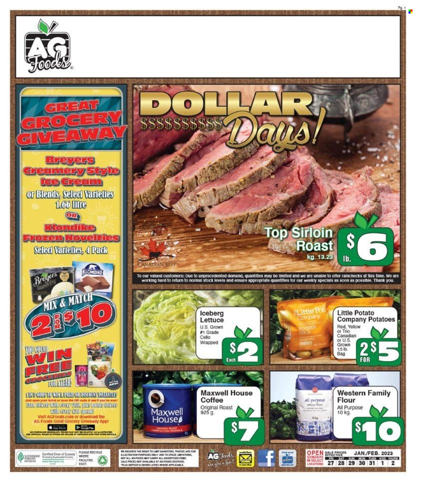 thumbnail - AG Foods Flyer - January 27, 2023 - February 02, 2023 - Sales products - potatoes, lettuce, ice cream, flour, Maxwell House, coffee. Page 1.