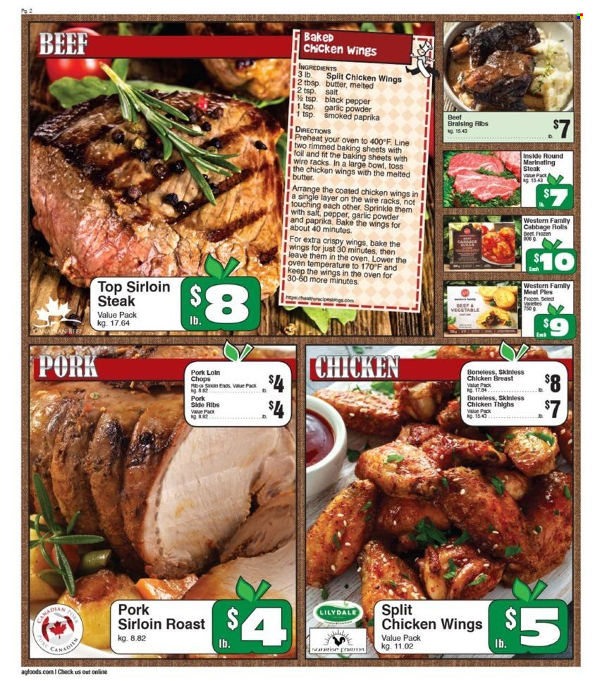 thumbnail - AG Foods Flyer - January 27, 2023 - February 02, 2023 - Sales products - chicken wings, black pepper, garlic powder, chicken breasts, chicken thighs, chicken, beef sirloin, sirloin steak, ribs, pork chops, pork loin, pork meat, steak. Page 2.