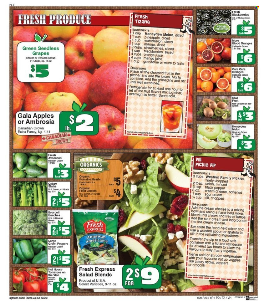 thumbnail - AG Foods Flyer - January 27, 2023 - February 02, 2023 - Sales products - tomatoes, onion, sleeved celery, apples, avocado, blackberries, Gala, grapes, seedless grapes, watermelon, honeydew, pineapple, melons, cheese, sour cream, dill pickle, celery sticks, dill, black pepper, juice, grenadine. Page 8.