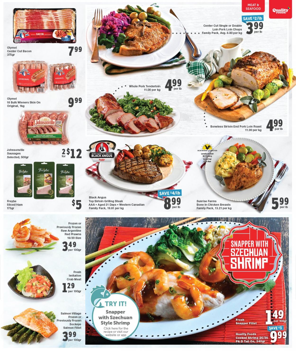 thumbnail - Quality Foods Flyer - January 30, 2023 - February 05, 2023 - Sales products - crab meat, salmon, salmon fillet, seafood, prawns, crab, shrimps, bacon, ham, Johnsonville, sausage, chicken breasts, pork chops, pork loin, pork meat, pork tenderloin, steak. Page 3.
