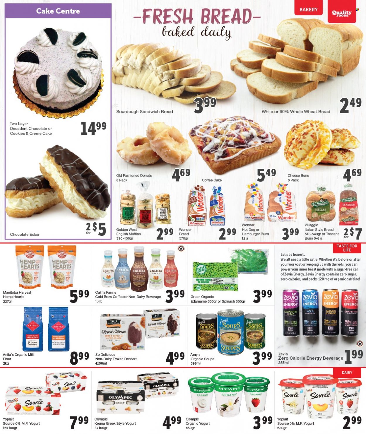 thumbnail - Quality Foods Flyer - January 30, 2023 - February 05, 2023 - Sales products - english muffins, wheat bread, cake, buns, burger buns, donut, cream pie, coffee cake, Edamame, hot dog, yoghurt, organic yoghurt, Yoplait, cookies, chocolate, flour, Classico. Page 6.