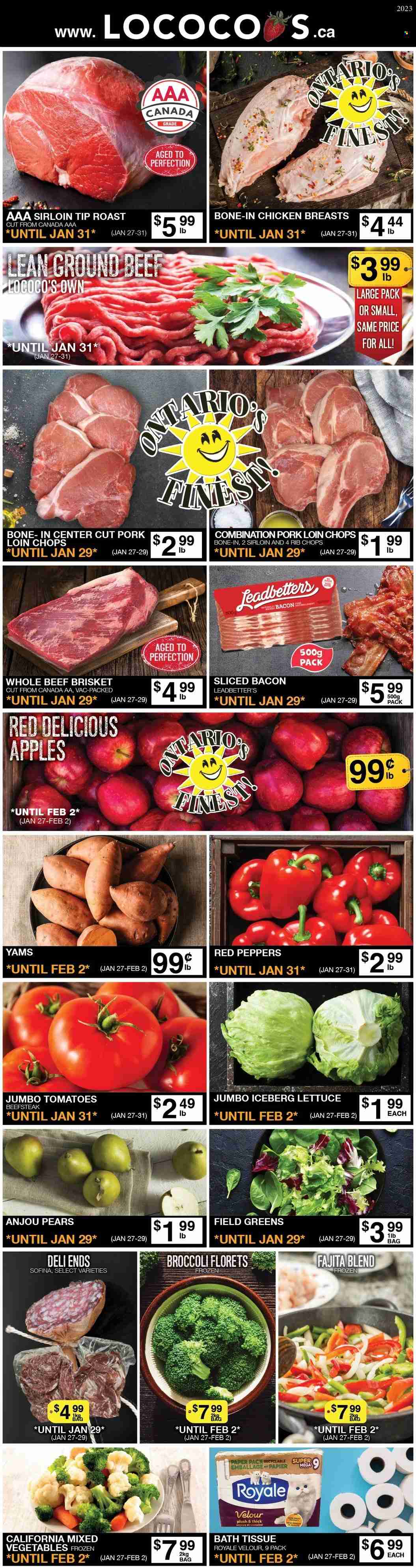 thumbnail - Lococo's Flyer - January 27, 2023 - February 02, 2023 - Sales products - broccoli, tomatoes, lettuce, peppers, red peppers, apples, Red Delicious apples, pears, chicken breasts, beef meat, ground beef, beef brisket, pork chops, pork loin, pork meat, rib chops, fajita mix, bacon, mixed vegetables. Page 1.