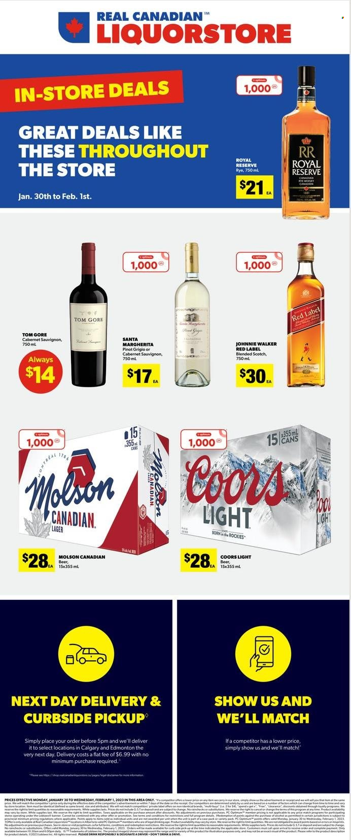 thumbnail - Real Canadian Liquorstore Flyer - January 30, 2023 - February 01, 2023 - Sales products - Cabernet Sauvignon, red wine, white wine, wine, Pinot Grigio, Johnnie Walker, whisky, beer, Lager, Coors. Page 1.