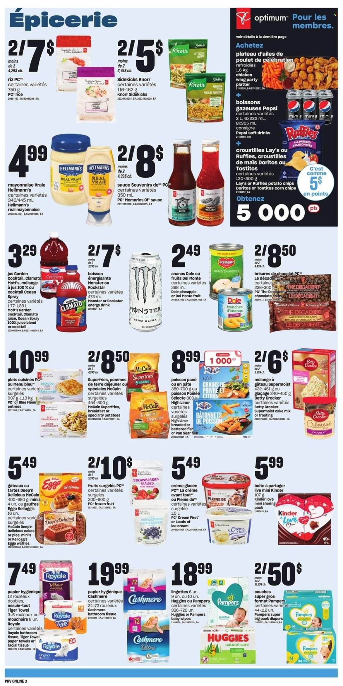thumbnail - Provigo Flyer - February 02, 2023 - February 08, 2023 - Sales products - waffles, cake mix, Dole, blueberries, strawberries, Mott's, seafood, fish, sauce, parmesan, mayonnaise, Hellmann’s, ice cream, McCain, potato fries, milk chocolate, Celebration, Kellogg's, Doritos, potato chips, Lay’s, corn chips, Ruffles, Tostitos, frosting, sugar, Del Monte, rice, Pepsi, juice, energy drink, Monster, Clamato, soft drink, Rockstar, wipes, Pampers, baby wipes, nappies, bath tissue, kitchen towels, paper towels, Optimum, Huggies, pesto, Knorr. Page 9.