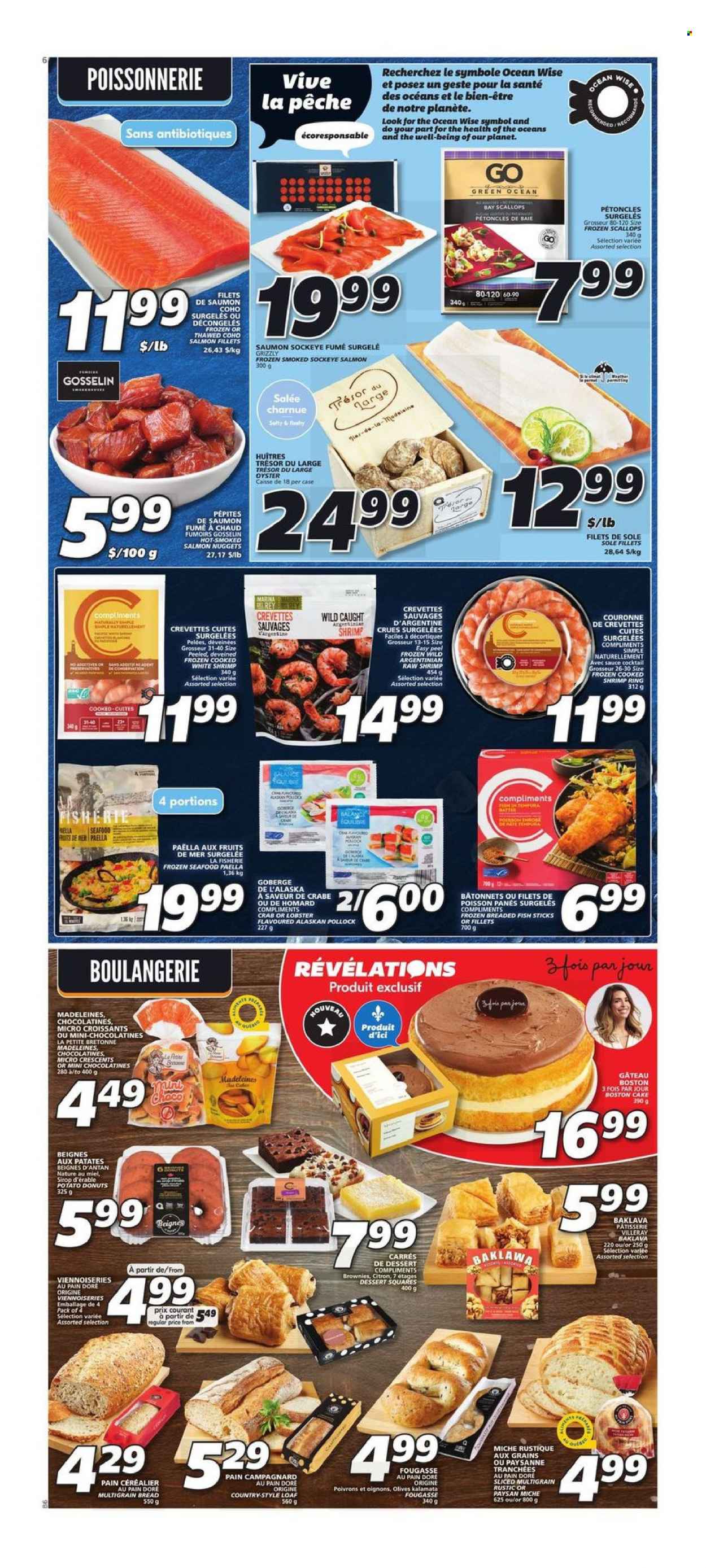thumbnail - IGA Flyer - February 02, 2023 - February 08, 2023 - Sales products - cake, croissant, donut, salmon, salmon fillet, scallops, smoked salmon, pollock, oysters, seafood, crab, fish, shrimps, fish fingers, fish sticks, nuggets, sauce, breaded fish, paella, olives. Page 5.