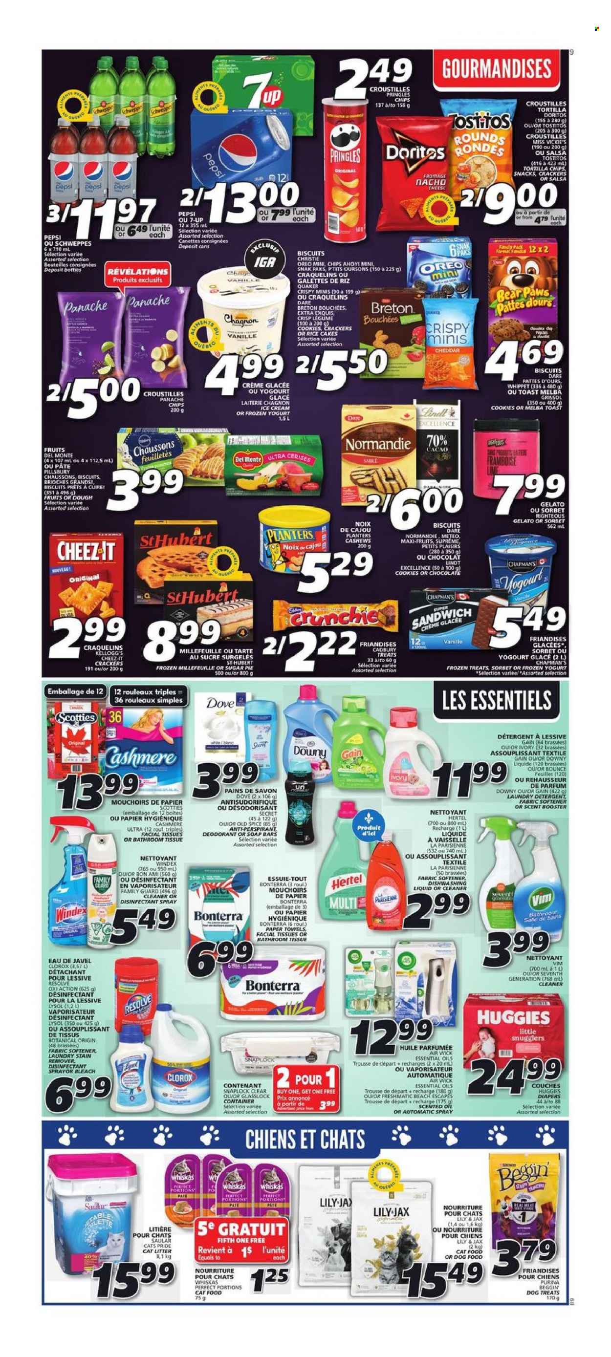thumbnail - IGA Flyer - February 02, 2023 - February 08, 2023 - Sales products - pie, sandwich, Pillsbury, Quaker, yoghurt, ice cream, gelato, cookies, Dove, snack, crackers, Kellogg's, biscuit, Cadbury, Chips Ahoy!, Doritos, tortilla chips, Pringles, Cheez-It, Tostitos, sugar, Del Monte, spice, salsa, cashews, Planters, Schweppes, Pepsi, Huggies, Old Spice, Oreo, Whiskas. Page 8.