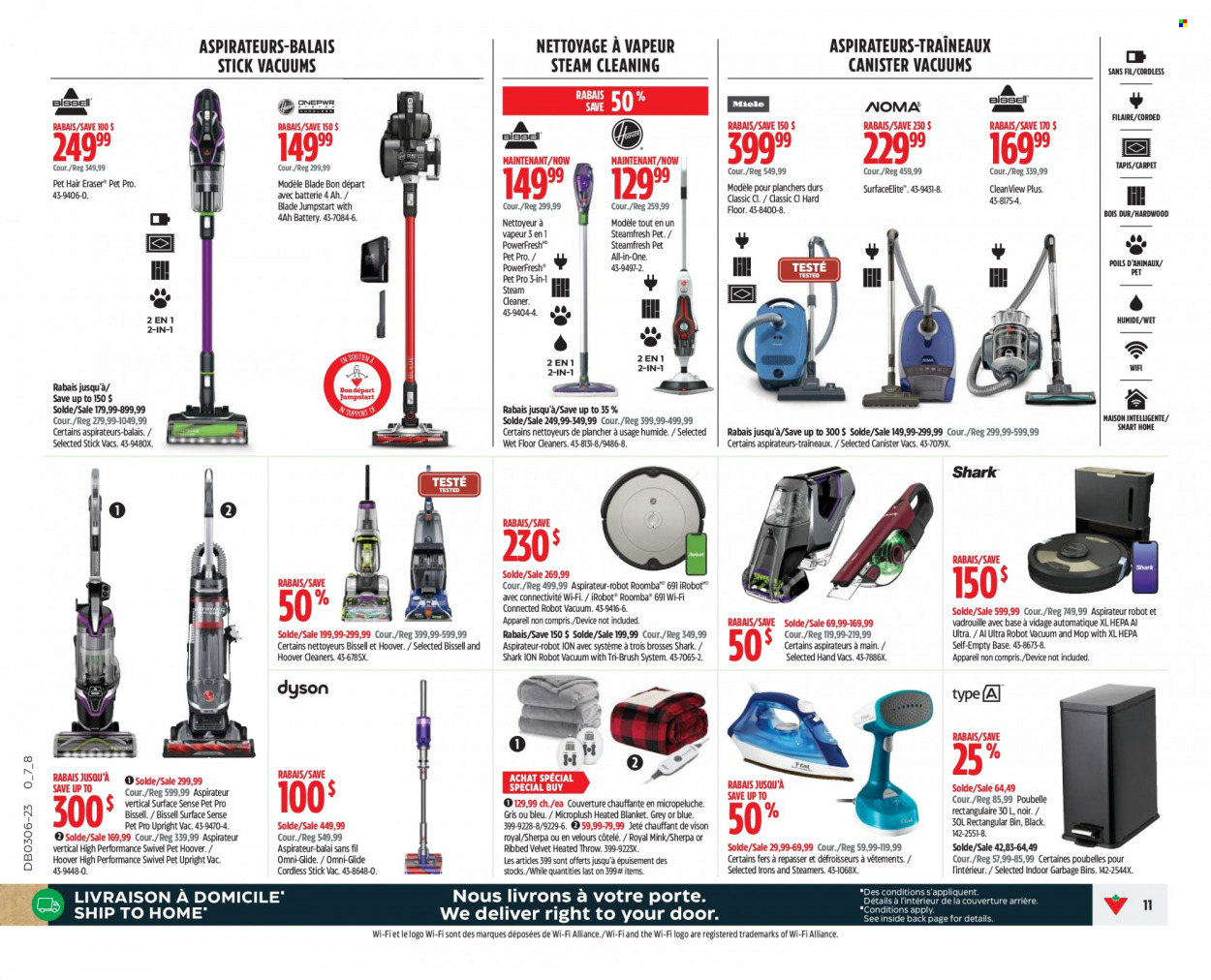 thumbnail - Canadian Tire Flyer - February 02, 2023 - February 08, 2023 - Sales products - omni, cleaner, bin, mop, canister, eraser, battery, blanket, Bissell, Roomba, robot vacuum, steam cleaner, heated throw, iRobot. Page 11.