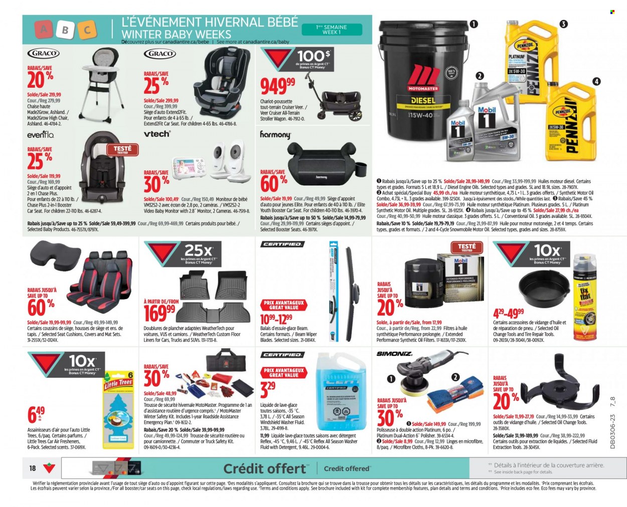 thumbnail - Canadian Tire Flyer - February 02, 2023 - February 08, 2023 - Sales products - chair, air freshener, cushion, washing machine, baby monitor, high chair, wagon, cruiser, baby car seat, wiper blades, oil filter, washer fluid, motor oil, conventional oil, camera, detergent. Page 18.