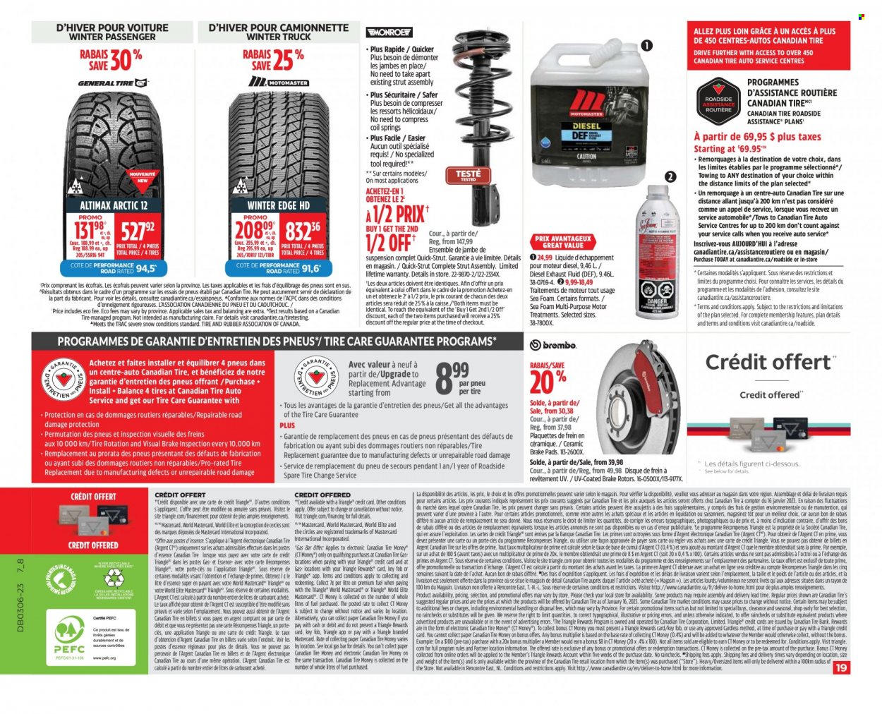 thumbnail - Canadian Tire Flyer - February 02, 2023 - February 08, 2023 - Sales products - presenter, eraser, paper, brake pad, brake rotors, exhaust fluid, tires. Page 19.