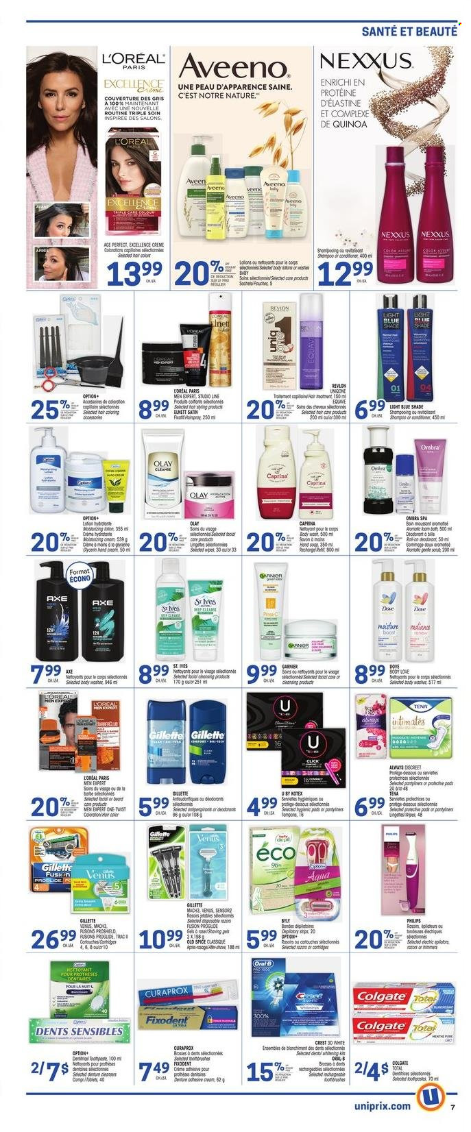 thumbnail - Uniprix Flyer - February 02, 2023 - February 08, 2023 - Sales products - Dove, cereals, spice, Boost, wipes, Aveeno, body wash, hand soap, Mousson, soap, Fixodent, Crest, Always Discreet, Kotex, pantyliners, tampons, Gillette, L’Oréal, Olay, L’Oréal Men, conditioner, hair color, Nexxus, body lotion, anti-perspirant, roll-on, Axe, Venus, magnesium, Colgate, Garnier, quinoa, shampoo, Old Spice, Oral-B, deodorant. Page 6.
