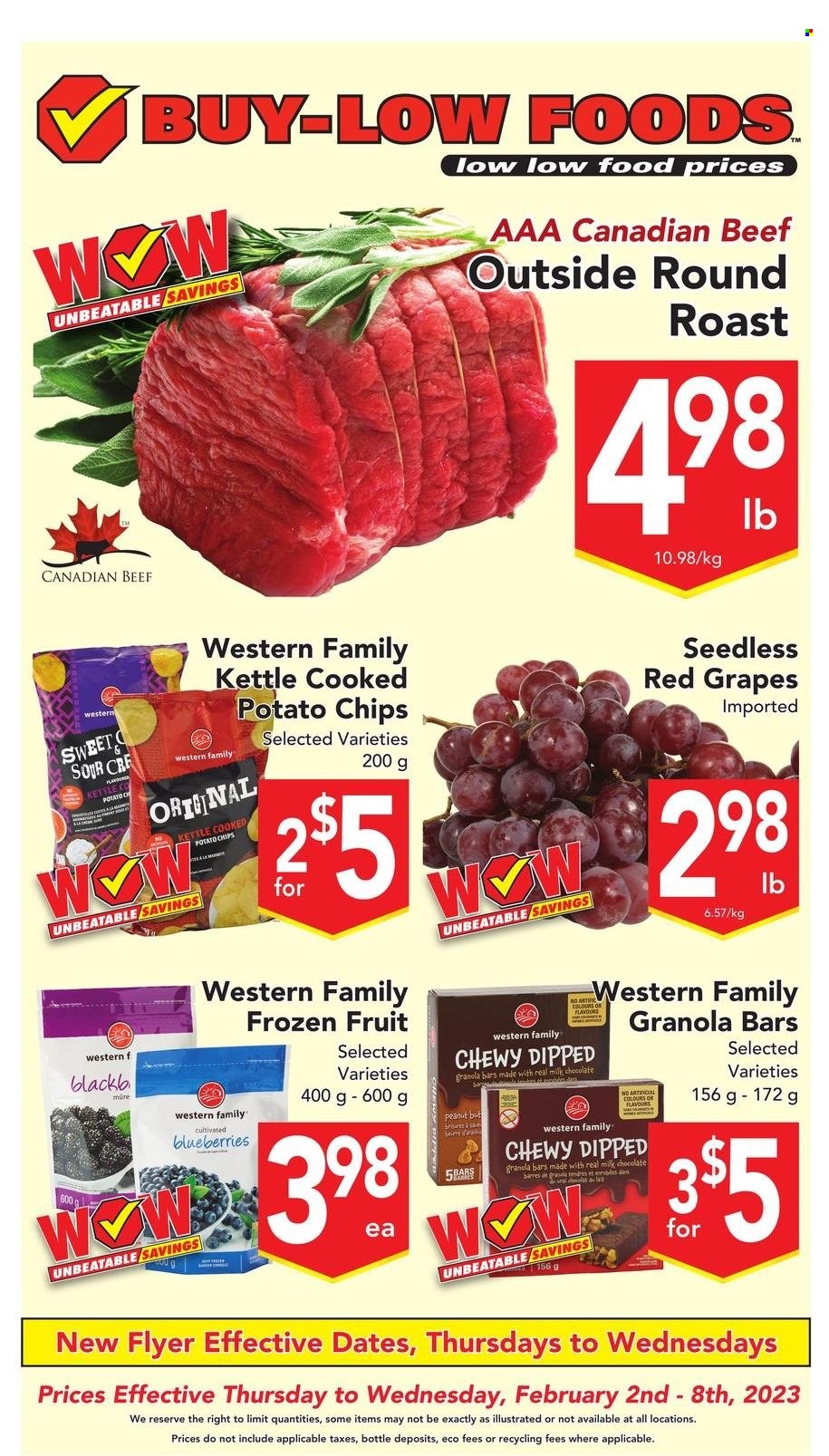 thumbnail - Buy-Low Foods Flyer - February 02, 2023 - February 08, 2023 - Sales products - blueberries, grapes, milk chocolate, chocolate, potato chips, granola bar, beef meat, round roast. Page 1.