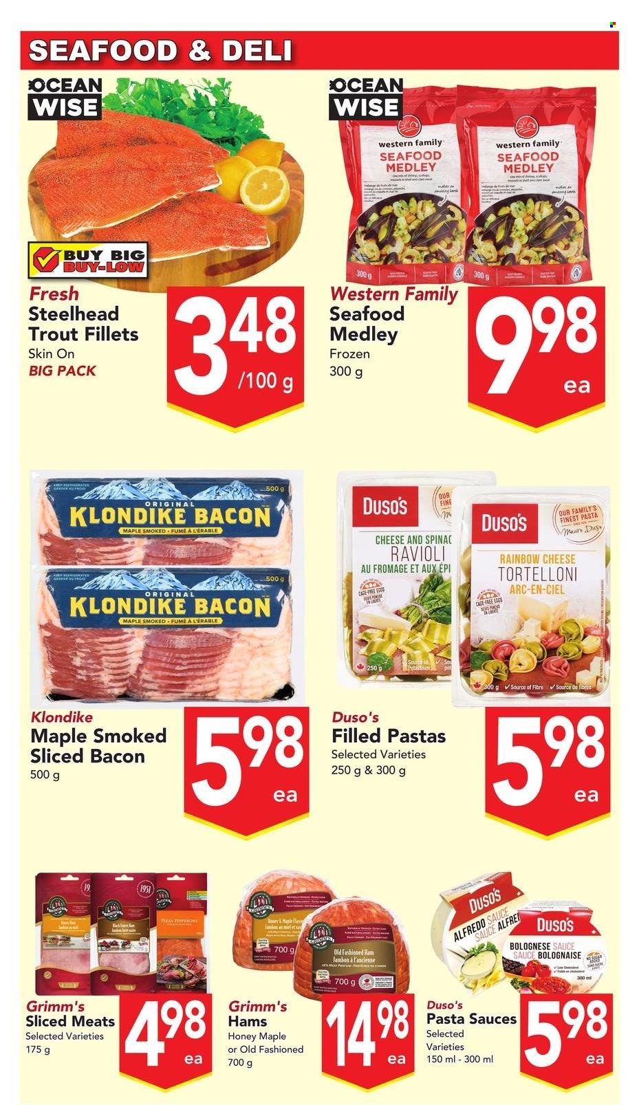 thumbnail - Buy-Low Foods Flyer - February 02, 2023 - February 08, 2023 - Sales products - trout, seafood, ravioli, pizza, pasta sauce, pasta, bolognese sauce, Alfredo sauce, bacon, ham, cage free eggs, honey. Page 3.