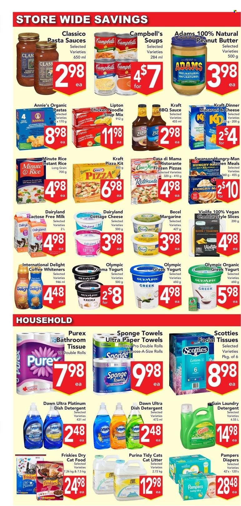 thumbnail - Buy-Low Foods Flyer - February 02, 2023 - February 08, 2023 - Sales products - Campbell's, macaroni & cheese, pizza, pasta sauce, soup mix, soup, pasta, noodles cup, noodles, Annie's, Kraft®, cottage cheese, greek yoghurt, yoghurt, milk, lactose free milk, margarine, rice, BBQ sauce, Classico, peanut butter, coffee, Pampers, nappies, kitchen towels, paper towels, Gain, laundry detergent, Purex, dishwasher cleaner, facial tissues, body lotion, animal food, cat food, Purina, dry cat food, Friskies, detergent, Lipton. Page 5.