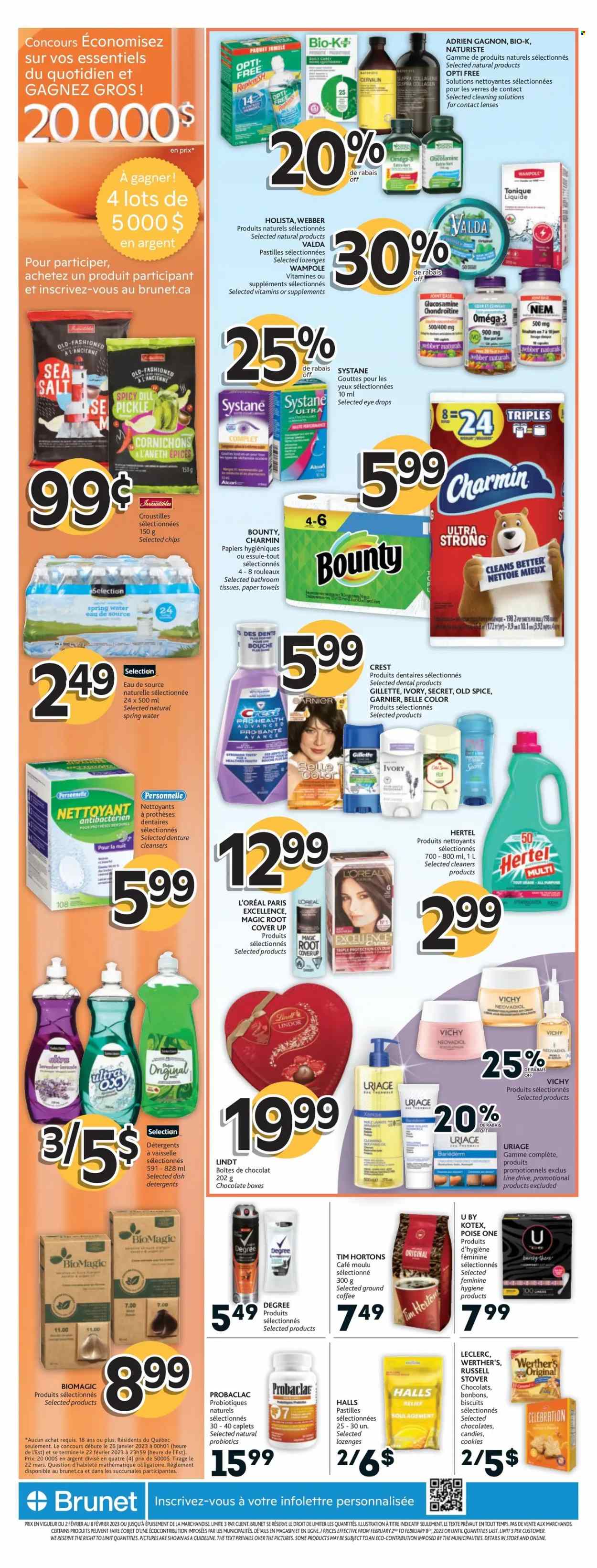 thumbnail - Brunet Flyer - February 02, 2023 - February 08, 2023 - Sales products - cookies, Halls, chocolate, Bounty, Mars, Celebration, biscuit, pastilles, chips, spring water, coffee, ground coffee, toilet paper, tissues, kitchen towels, paper towels, Charmin, Vichy, Crest, Kotex, Gillette, L’Oréal, glucosamine, probiotics, Omega-3, eye drops, lenses, contact lenses, Garnier, Systane, Old Spice, Lindt, Lindor. Page 1.