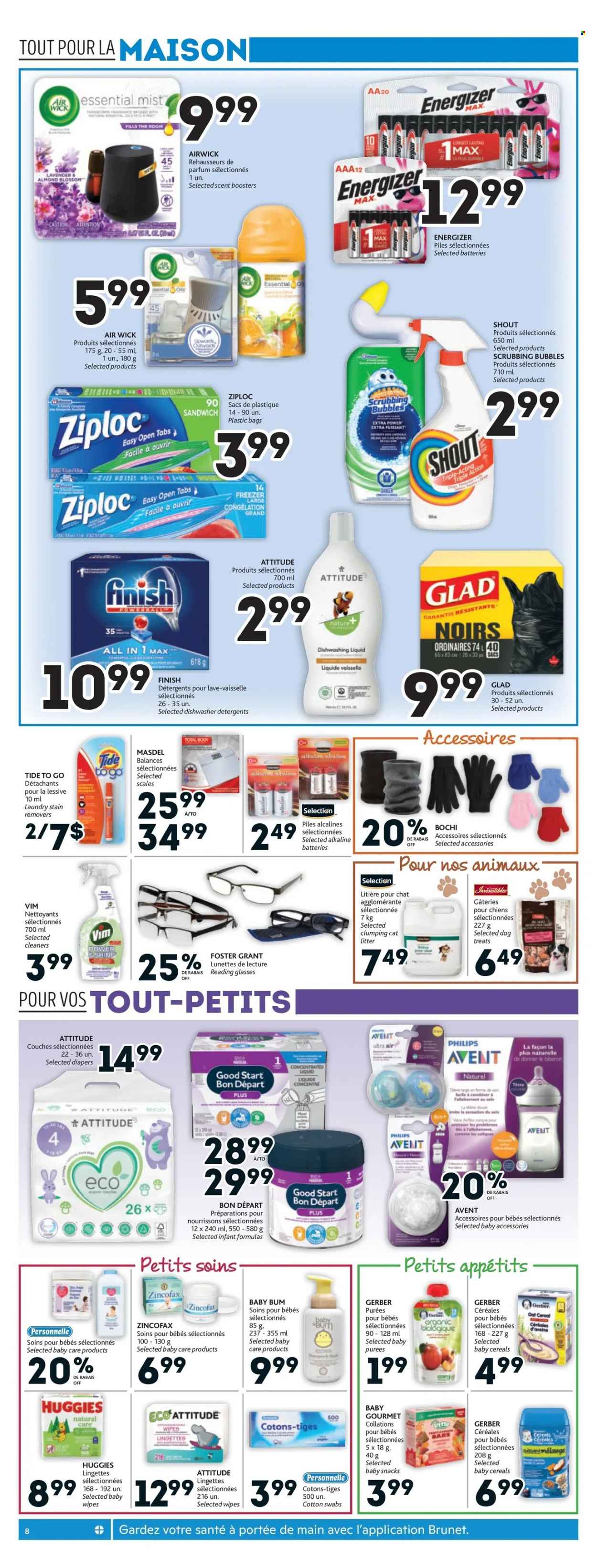 thumbnail - Brunet Flyer - February 02, 2023 - February 08, 2023 - Sales products - Gerber, wipes, baby wipes, nappies, Scrubbing Bubbles, Tide, scent booster, dishwashing liquid, eau de parfum, fragrance, bag, Ziploc, Air Wick, battery, Philips, alkaline batteries, Energizer, Huggies. Page 8.