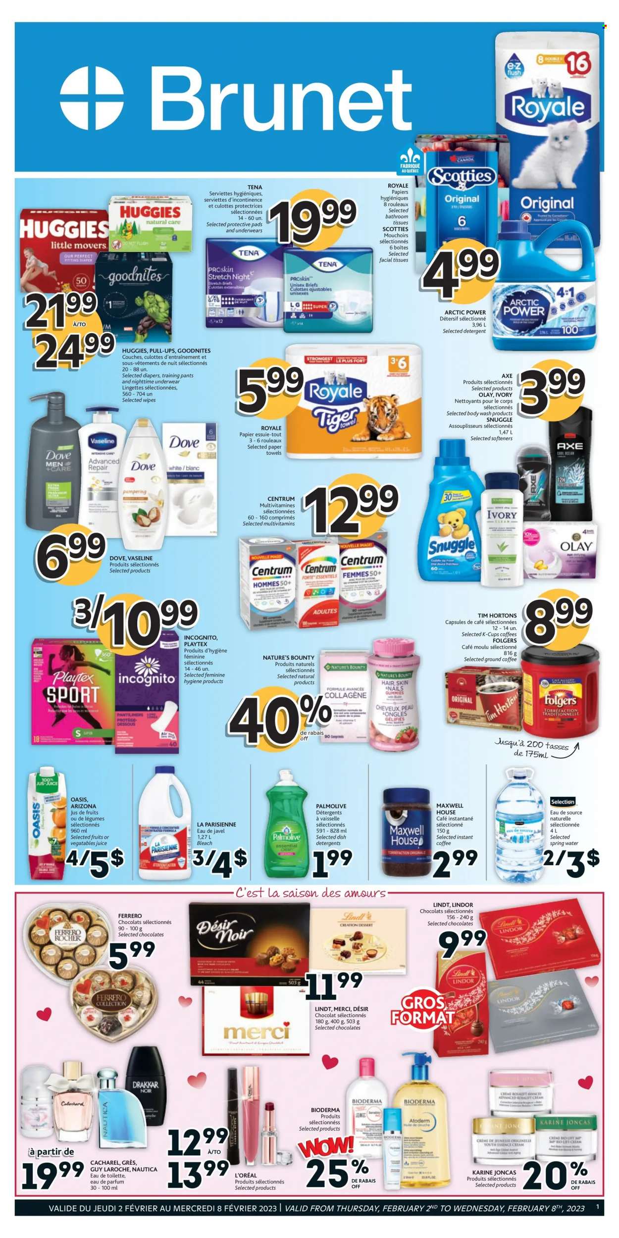 thumbnail - Brunet Flyer - February 02, 2023 - February 08, 2023 - Sales products - Dove, chocolate, Merci, juice, AriZona, spring water, coffee, Maxwell House, instant coffee, Folgers, ground coffee, coffee capsules, K-Cups, wipes, pants, nappies, baby pants, toilet paper, tissues, kitchen towels, paper towels, bleach, Snuggle, body wash, Palmolive, Vaseline, Playtex, pantiliners, facial tissues, L’Oréal, Olay, eau de parfum, Axe, multivitamin, Nature's Bounty, Centrum, detergent, eau de toilette, Huggies, Lindt, Lindor, Ferrero Rocher. Page 10.