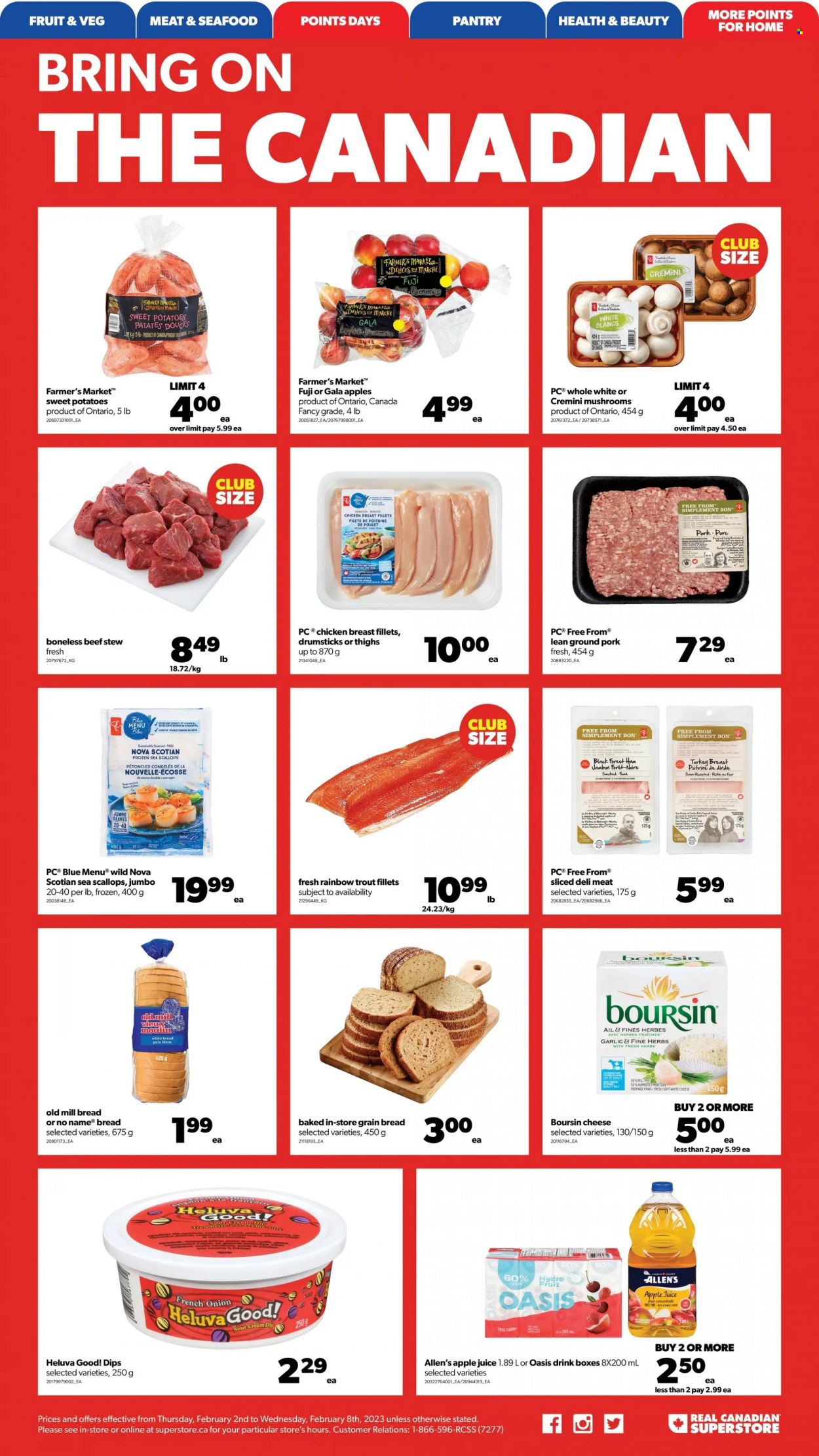 thumbnail - Real Canadian Superstore Flyer - February 02, 2023 - February 08, 2023 - Sales products - mushrooms, bread, sweet potato, potatoes, onion, Gala, scallops, trout, seafood, No Name, ham, cheese, sour cream, herbs, apple juice, juice, chicken breasts, chicken, ground pork. Page 7.