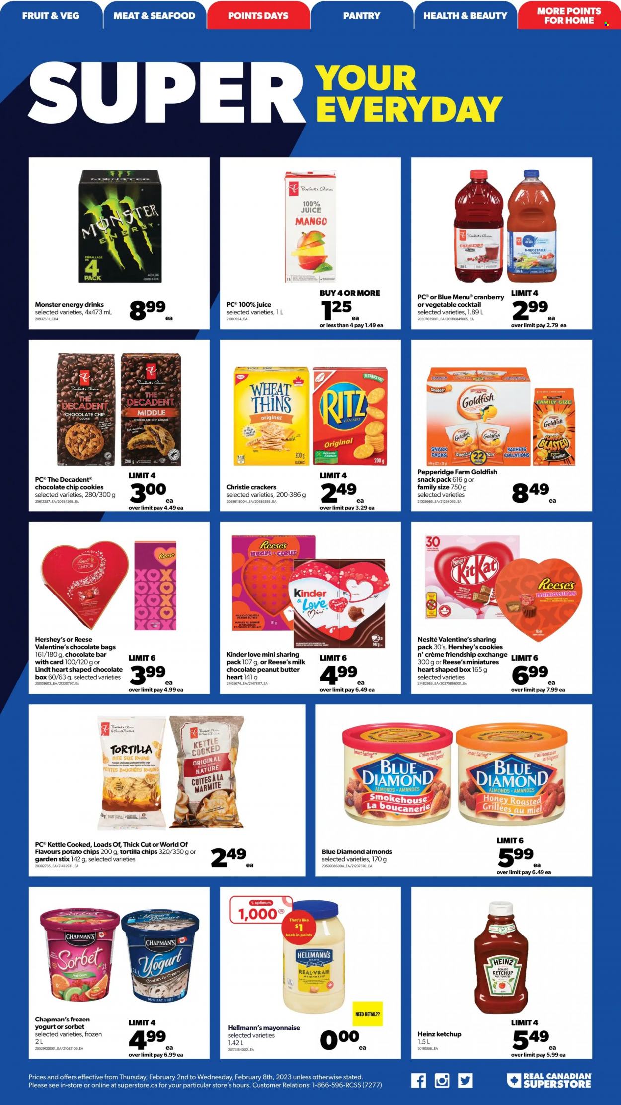 thumbnail - Real Canadian Superstore Flyer - February 02, 2023 - February 08, 2023 - Sales products - mango, seafood, yoghurt, mayonnaise, Hellmann’s, Reese's, Hershey's, cookies, milk chocolate, crackers, RITZ, chocolate bar, tortilla chips, potato chips, Thins, Goldfish, honey, peanut butter, almonds, Blue Diamond, juice, energy drink, Monster, Monster Energy, Optimum, Heinz, ketchup, Lindt, Lindor. Page 11.