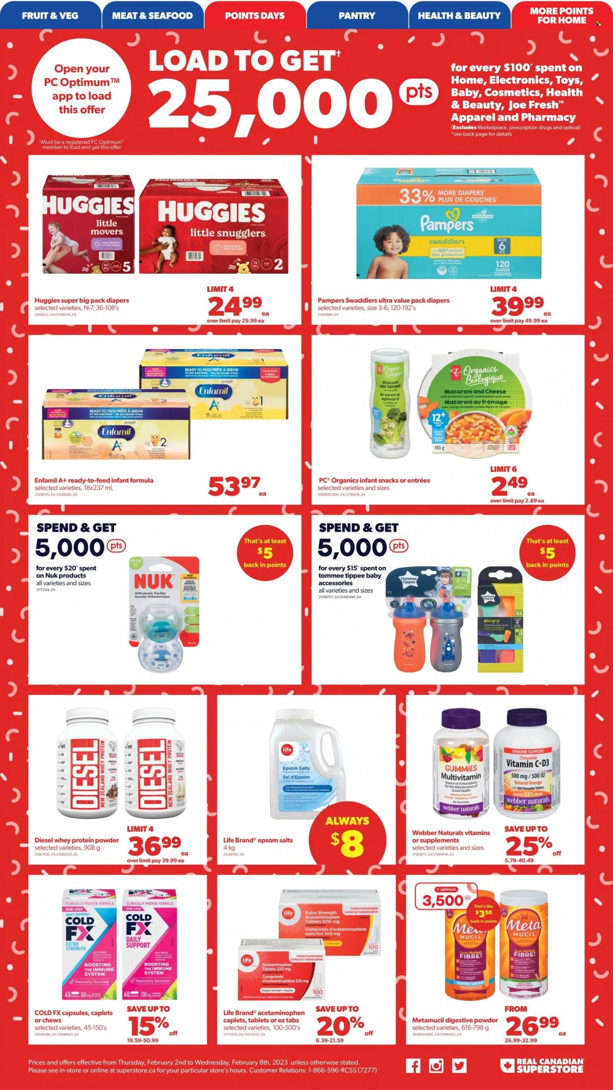thumbnail - Real Canadian Superstore Flyer - February 02, 2023 - February 08, 2023 - Sales products - broccoli, butternut squash, sweet potato, oranges, seafood, macaroni & cheese, snack, chewing gum, sugar, cereals, Enfamil, Pampers, nappies, Nuk, fork, spoon, Optimum, toys, Cold & Flu, magnesium, multivitamin, vitamin c, whey protein, vitamin D3, Metamucil, calcium, Huggies. Page 15.