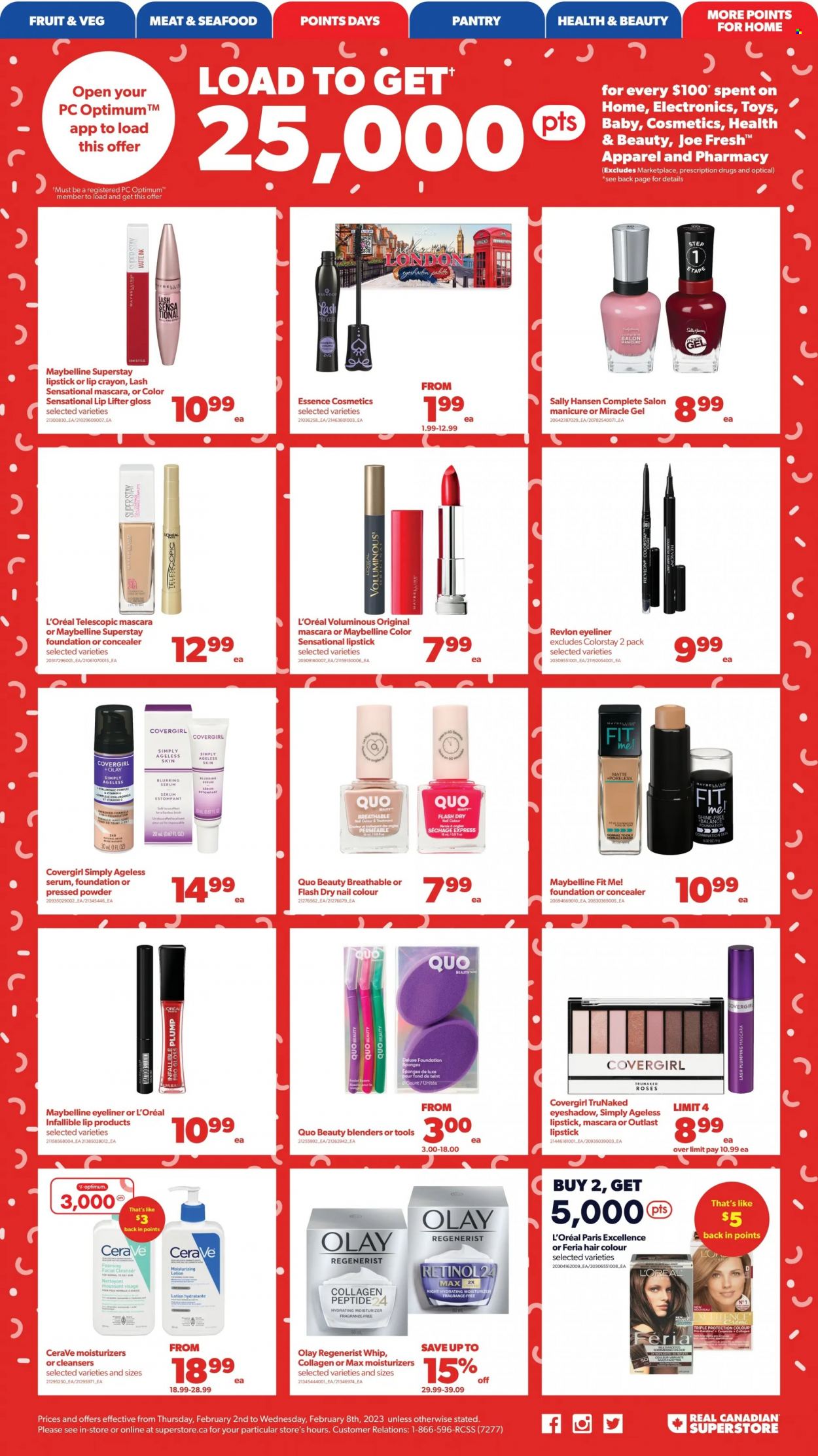 thumbnail - Real Canadian Superstore Flyer - February 02, 2023 - February 08, 2023 - Sales products - seafood, L'Or, CeraVe, cleanser, L’Oréal, moisturizer, serum, Olay, Revlon, Palette, hair color, body lotion, fragrance, manicure, corrector, eyeshadow, lip crayon, lipstick, mascara, Maybelline, eyeliner, face powder, sponge, Optimum, toys, princess, rose, vitamin c, Sally Hansen. Page 16.