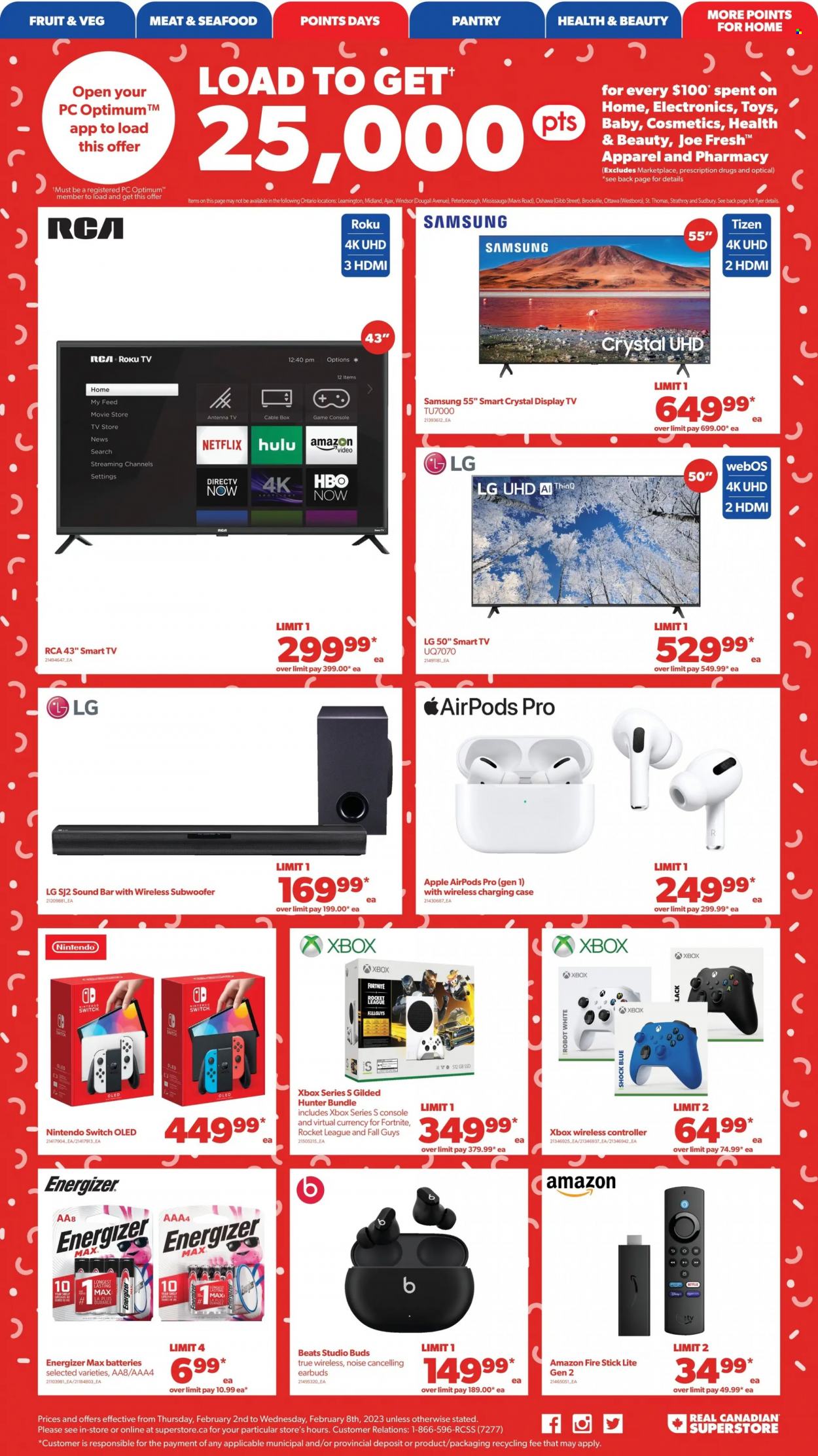 thumbnail - Real Canadian Superstore Flyer - February 02, 2023 - February 08, 2023 - Sales products - wireless controller, Nintendo Switch, webos, Amazon Fire, rocket, seafood, Disney, Ajax, Optimum, RCA, roku tv, TV, Beats, subwoofer, wireless subwoofer, sound bar, Airpods, earbuds, Apple AirPods Pro, antenna, Fire TV Stick, Lack, shelves, toys, Energizer, robot, smart tv, Xbox. Page 18.